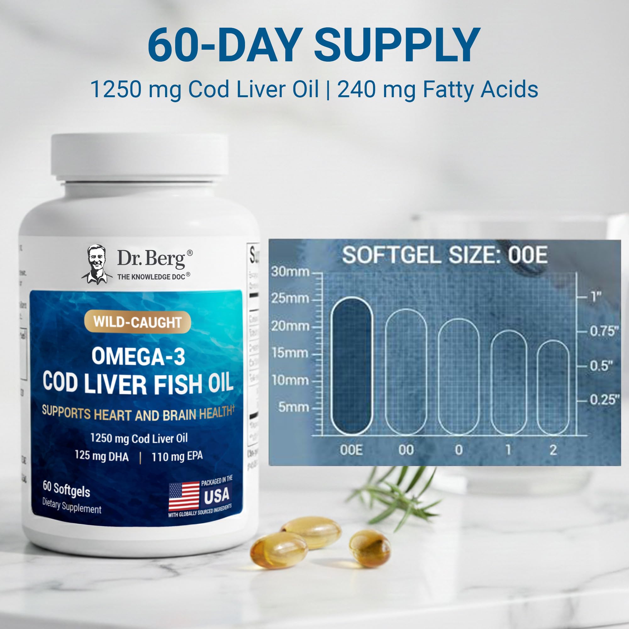 Dr. Berg softgels junto a alimentos saludables para estilo de vida