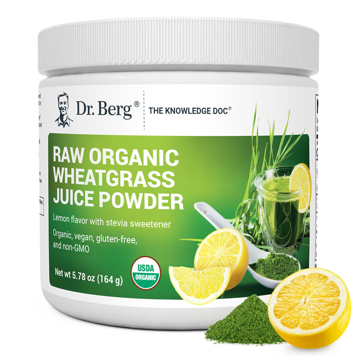 Dr. Berg envase frontal mostrando etiqueta y sabor limón, práctico para usar