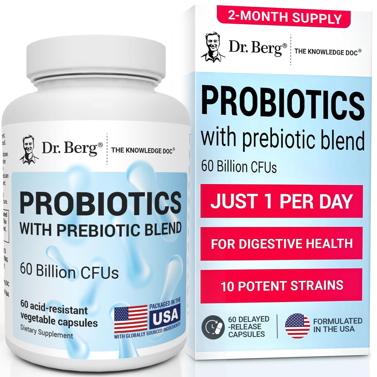 Dr. Berg probiótico envase frontal mostrando 60 cápsulas y beneficios digestivos