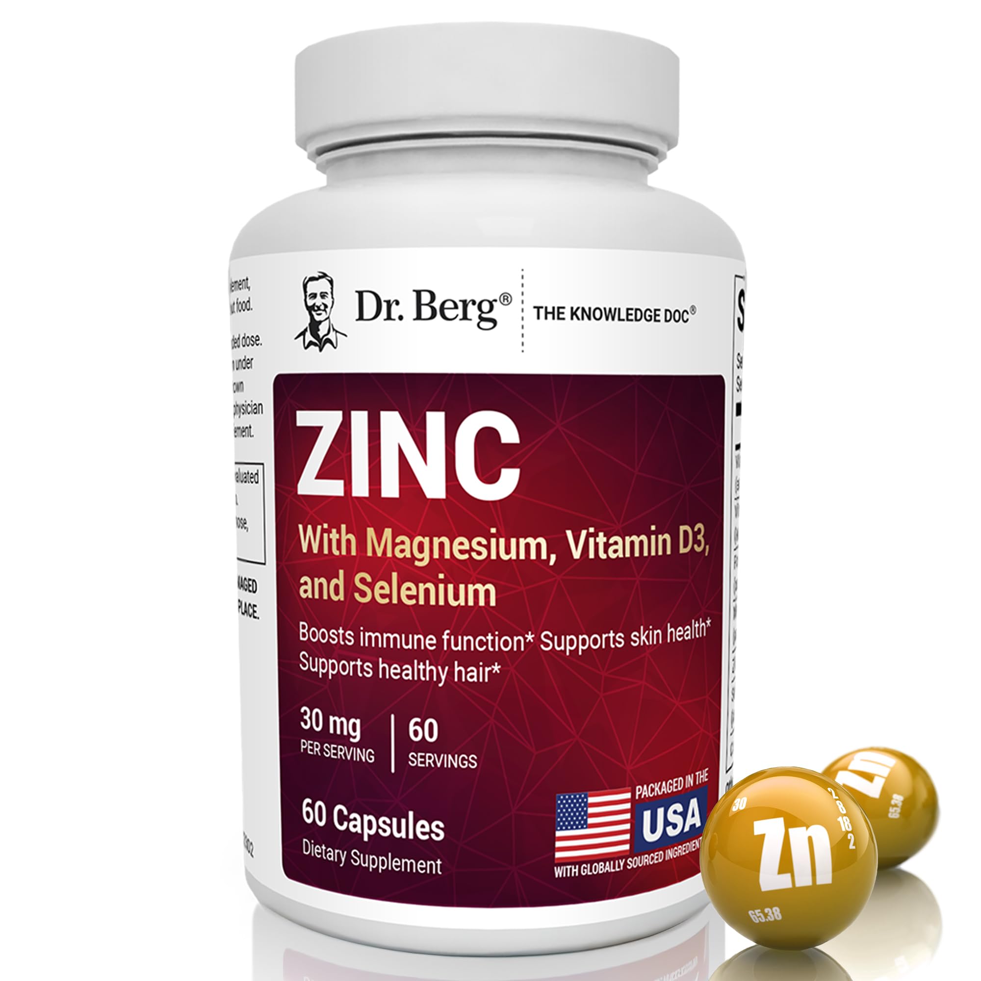 Dr. Berg frasco frontal del suplemento zinc 30 mg mostrando etiqueta y diseño, confianza en pureza