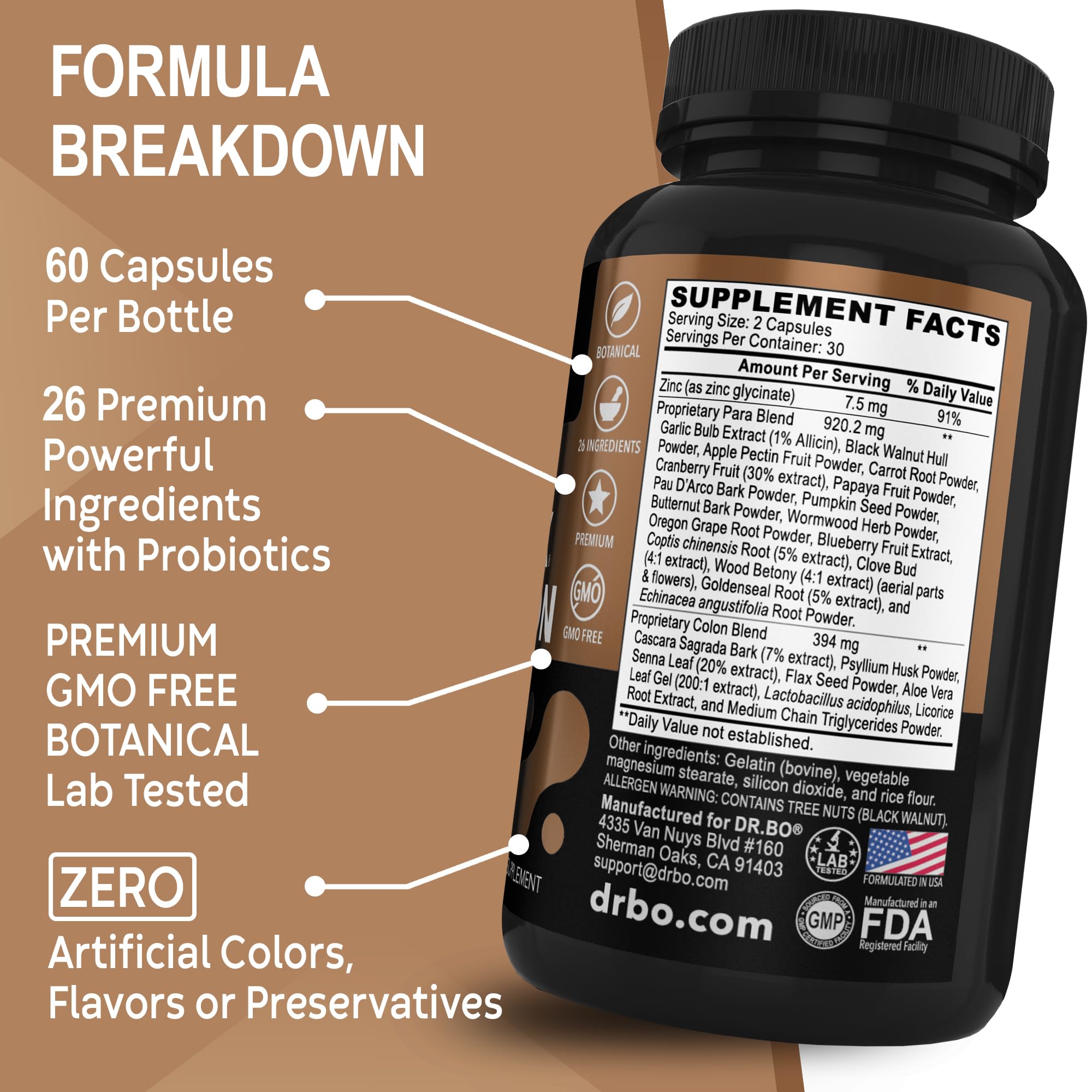 DR. BO mezcla herbal sobre mesa, resalta variedad de 26 ingredientes