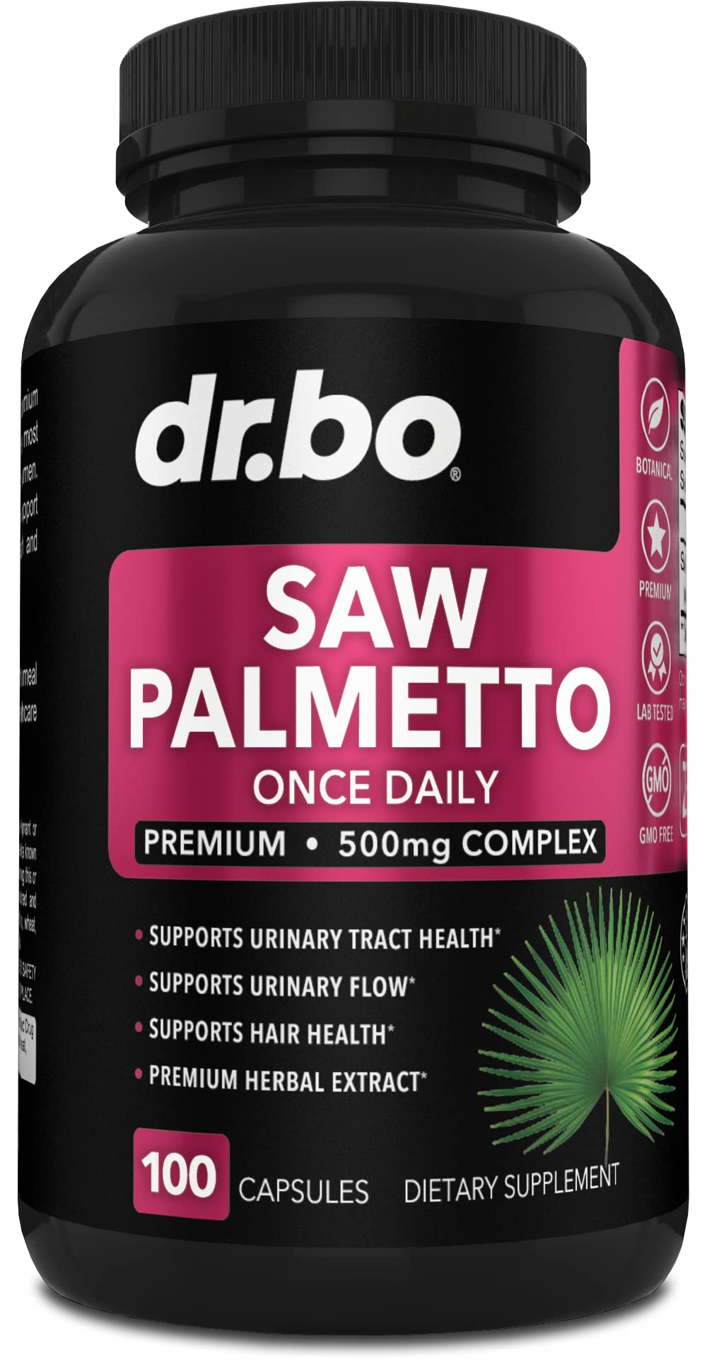 DR. BO envase del suplemento saw palmetto al frente mostrando diseño y beneficios