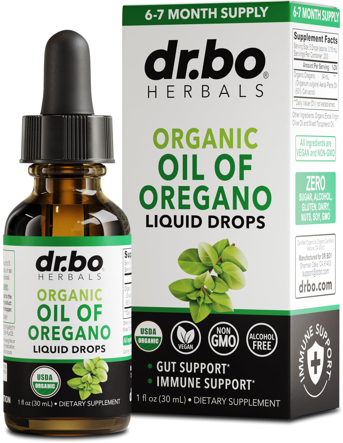 DR. BO frasco frontal de aceite de orégano orgánico mostrando etiqueta clara y tamaño
