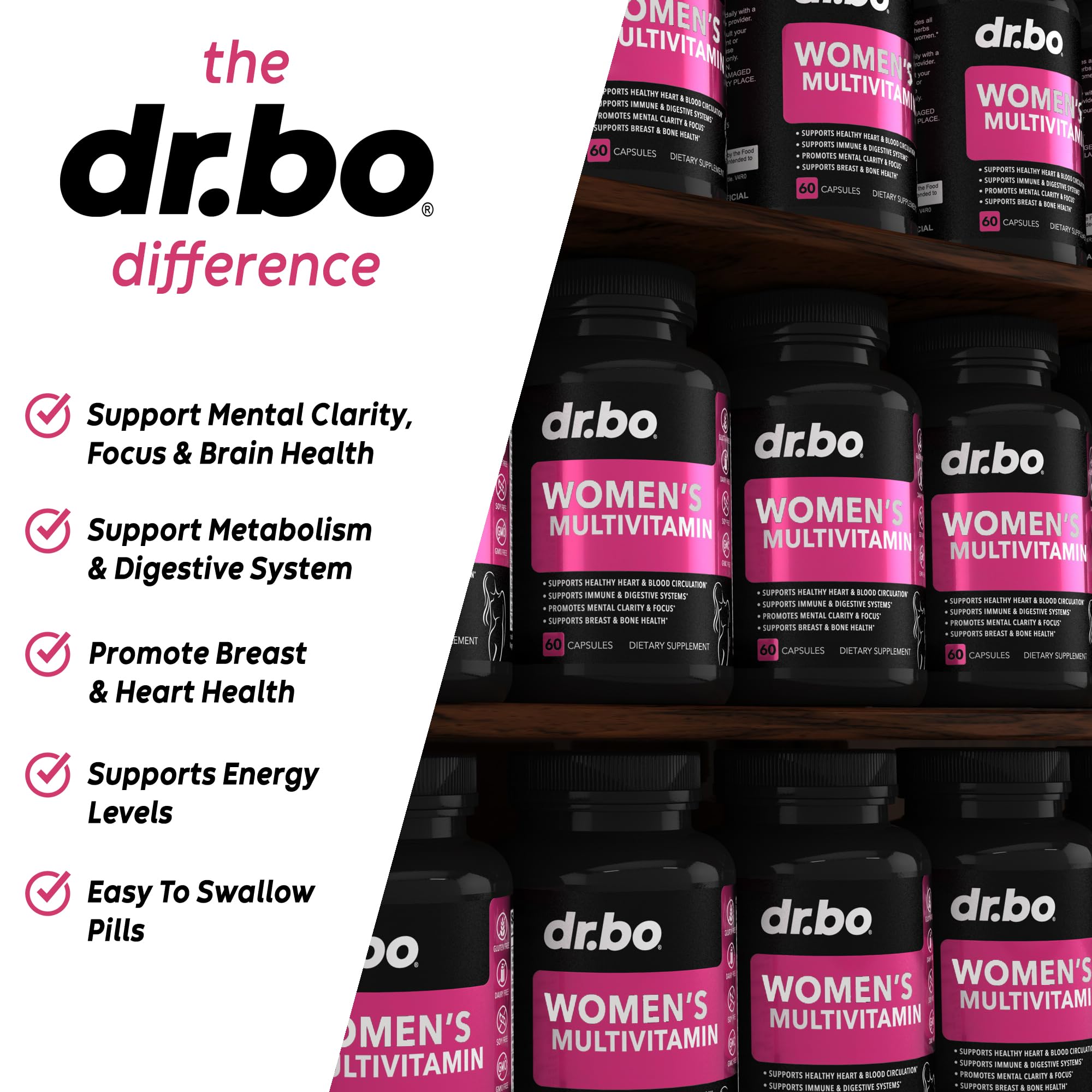 DR. BO ingredientes clave agrupados: vitaminas, magnesio y zinc