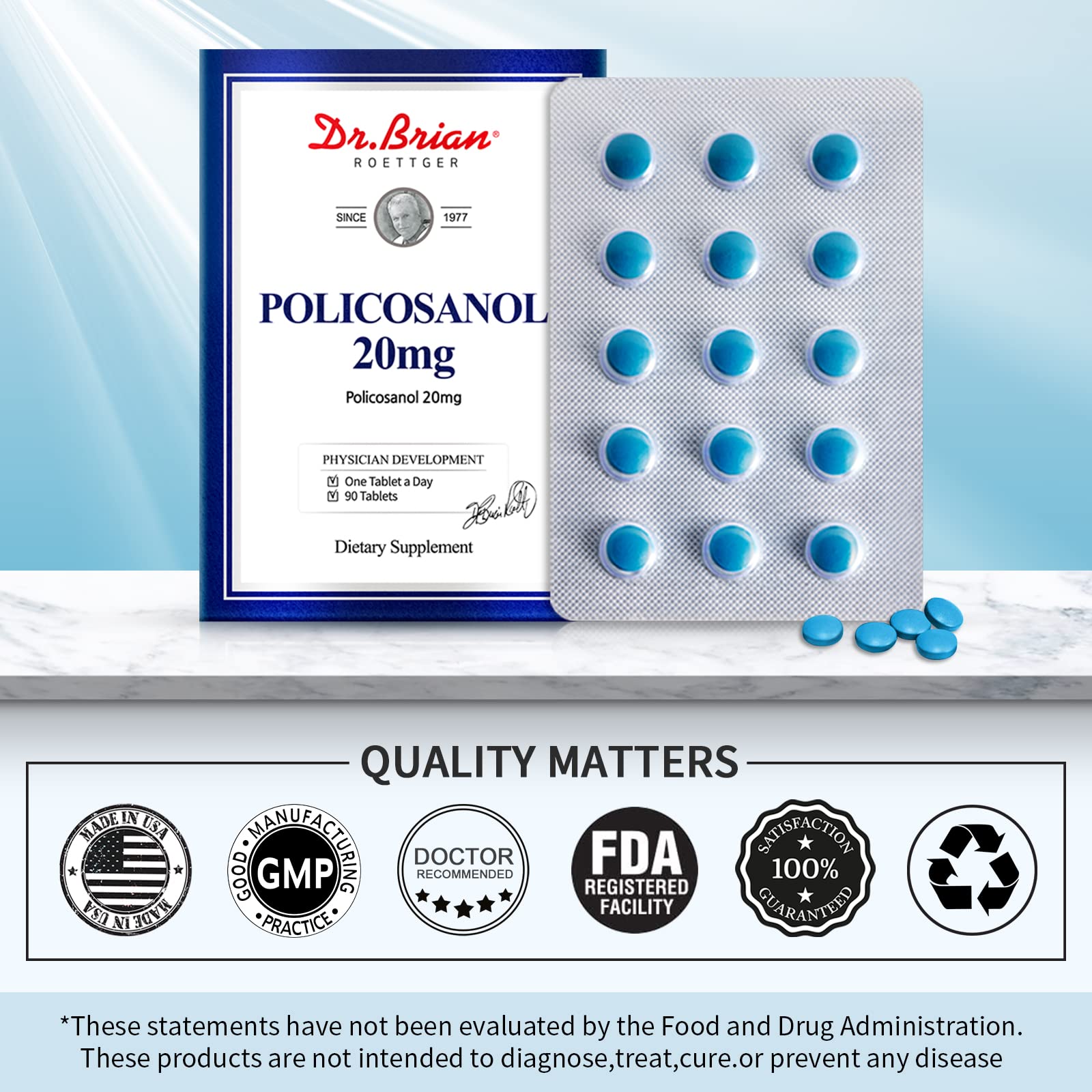 Dr. Brian etiqueta nutricional legible con información de 20 mg de policosanol por tableta