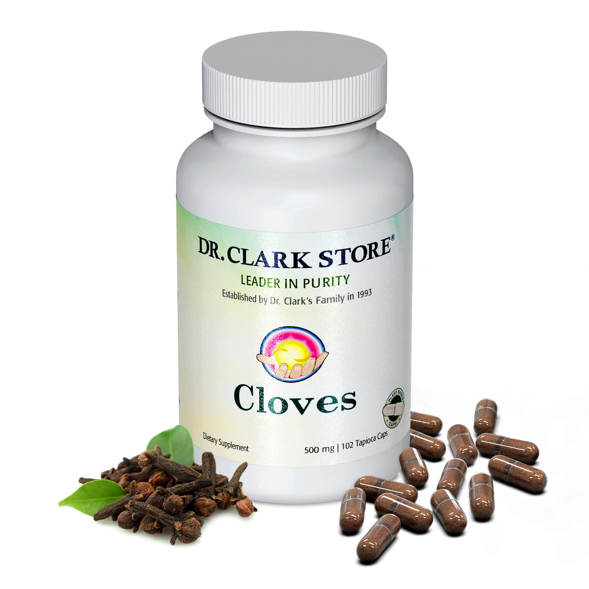 Dr Clark Store frasco frontal mostrando etiqueta clara y suministro de 102 cápsulas