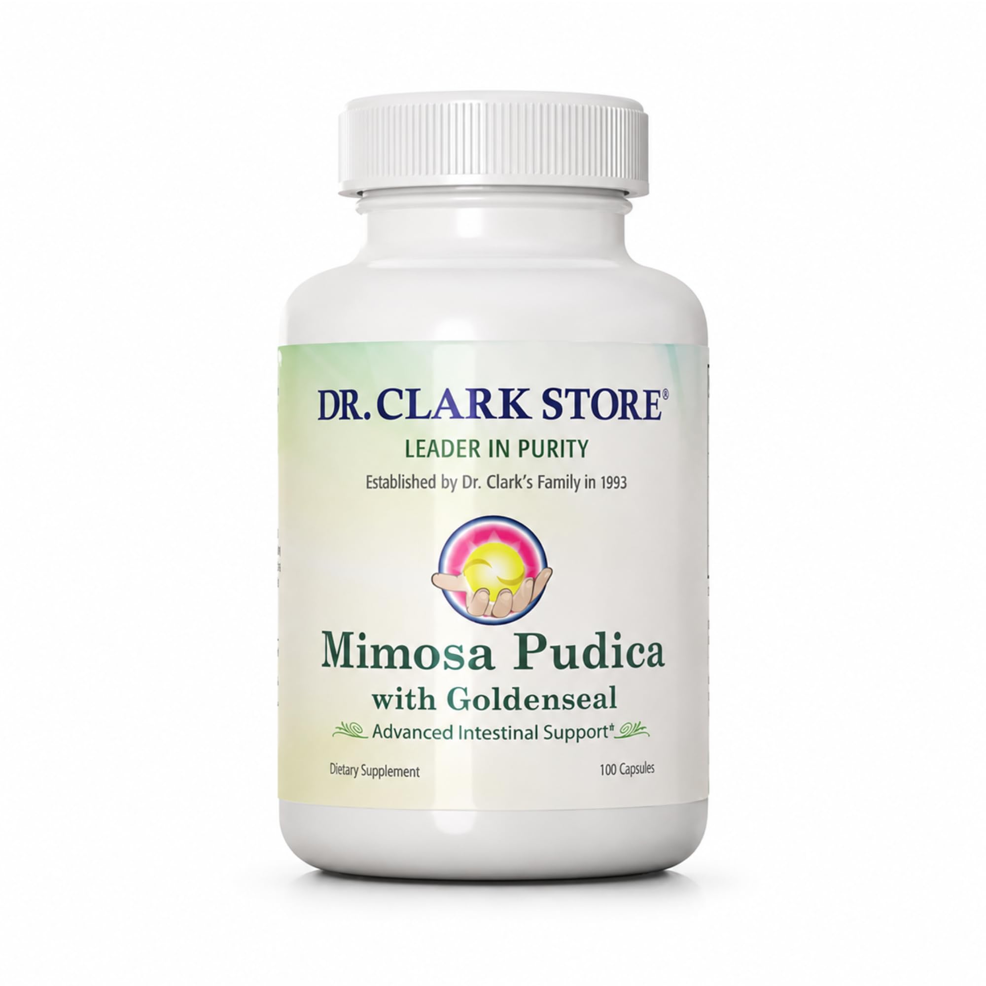 Dr Clark Store frasco frontal mostrando 100 cápsulas y diseño claro para apoyo digestivo