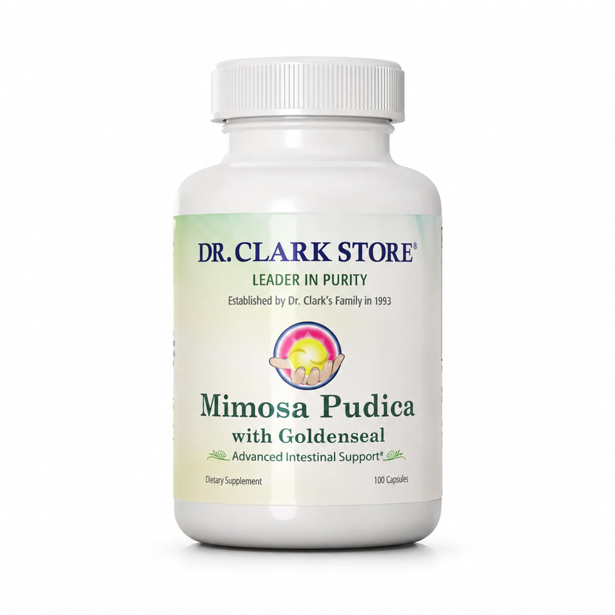 Dr Clark Store frasco frontal mostrando 100 cápsulas y diseño claro para apoyo digestivo