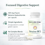 Dr. Clark polvo de betaine HCL en fondo, ingrediente puro sin rellenos