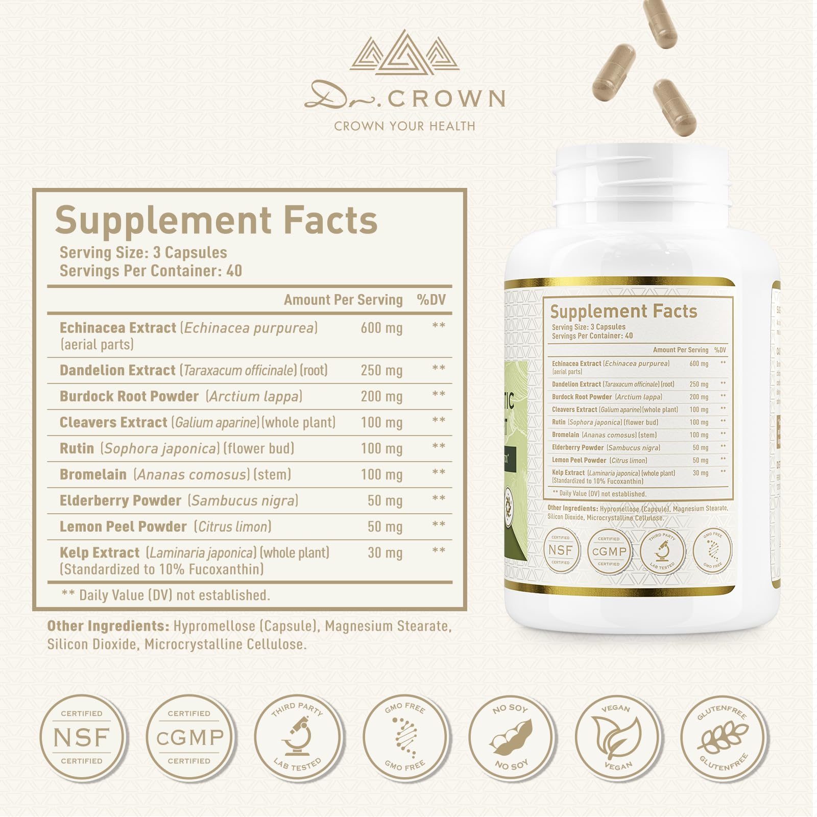 DR. CROWN etiqueta con lista de ingredientes y certificaciones visibles