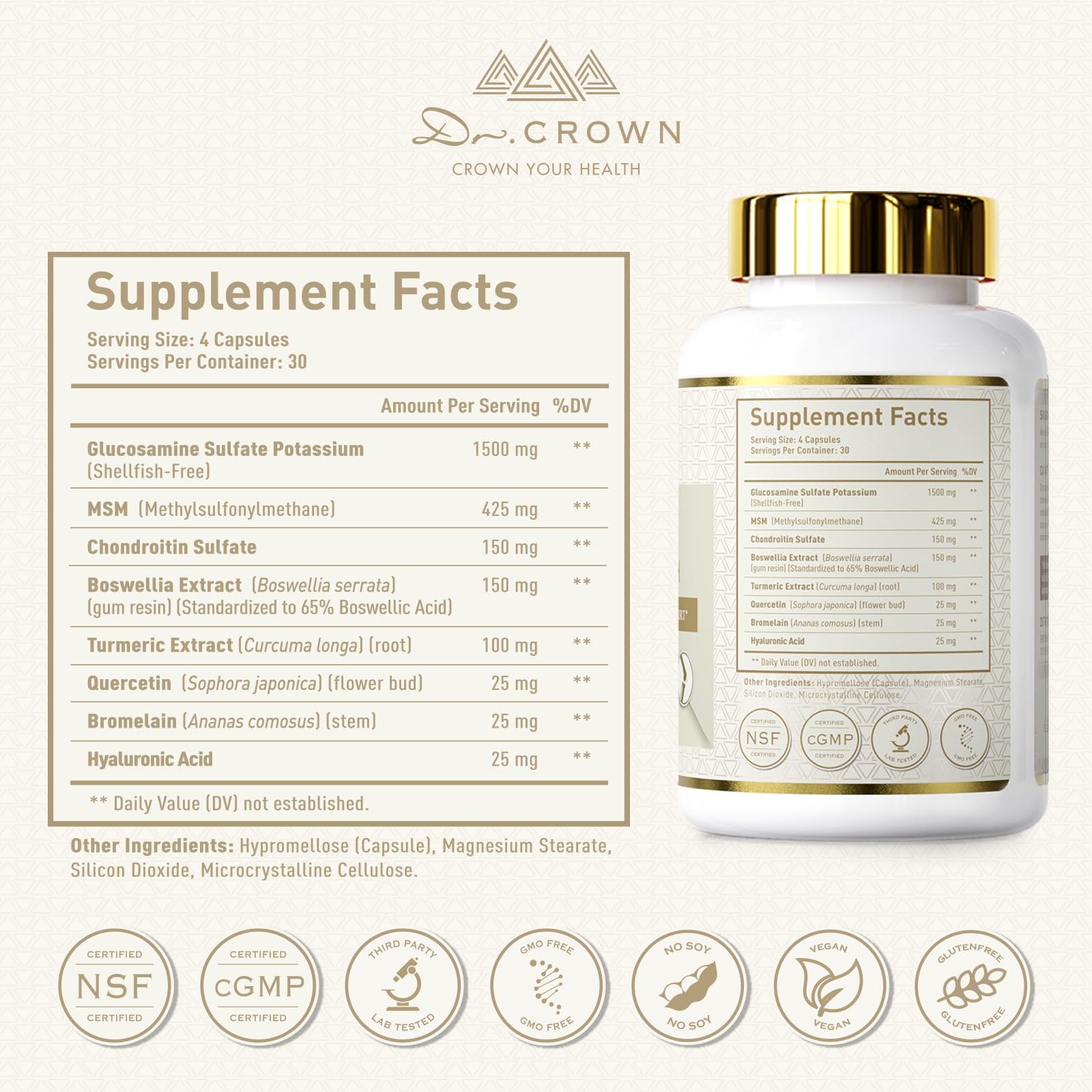 DR. CROWN etiqueta nutricional visible con ingredientes y certificaciones