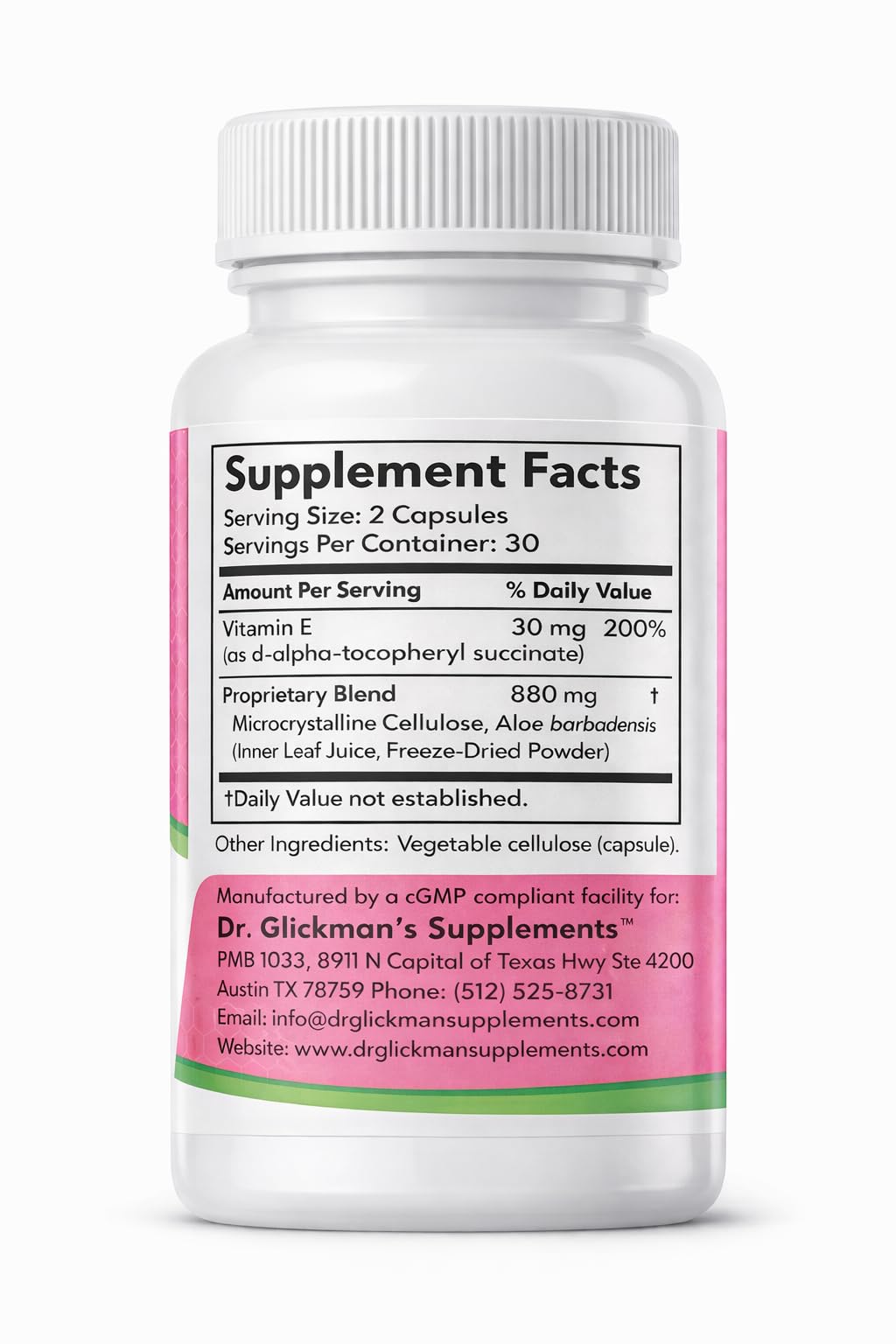Dr. Glickman’s cápsula en primer plano que resalta fórmula vegetal y facilidad de uso