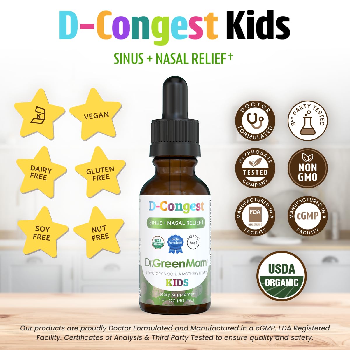 Dr. Green Mom primer plano del gotero y textura líquida para dosificación precisa