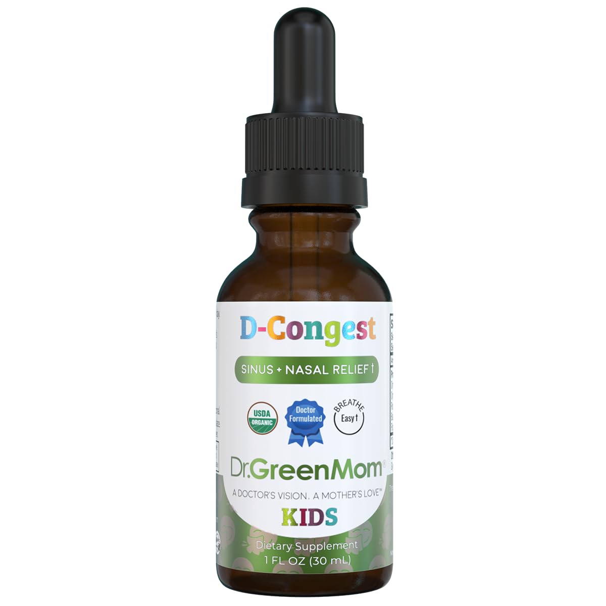 Dr. Green Mom etiqueta con certificaciones USDA y Non-GMO para seguridad