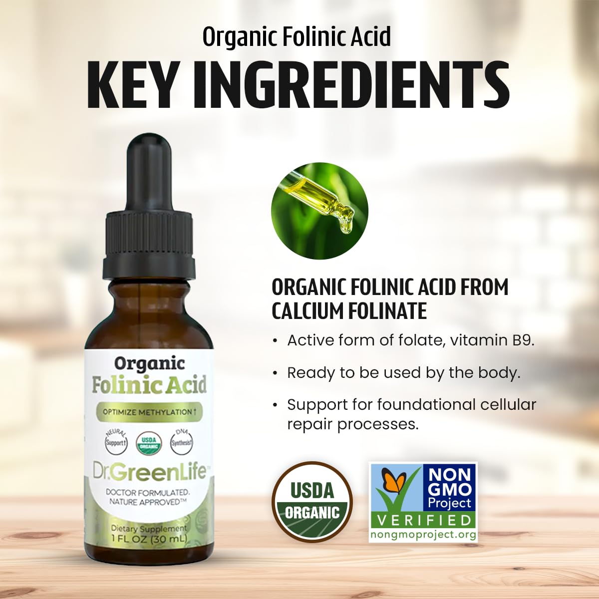 Dr. Green Mom etiqueta con certificaciones orgánico y non-GMO visibles