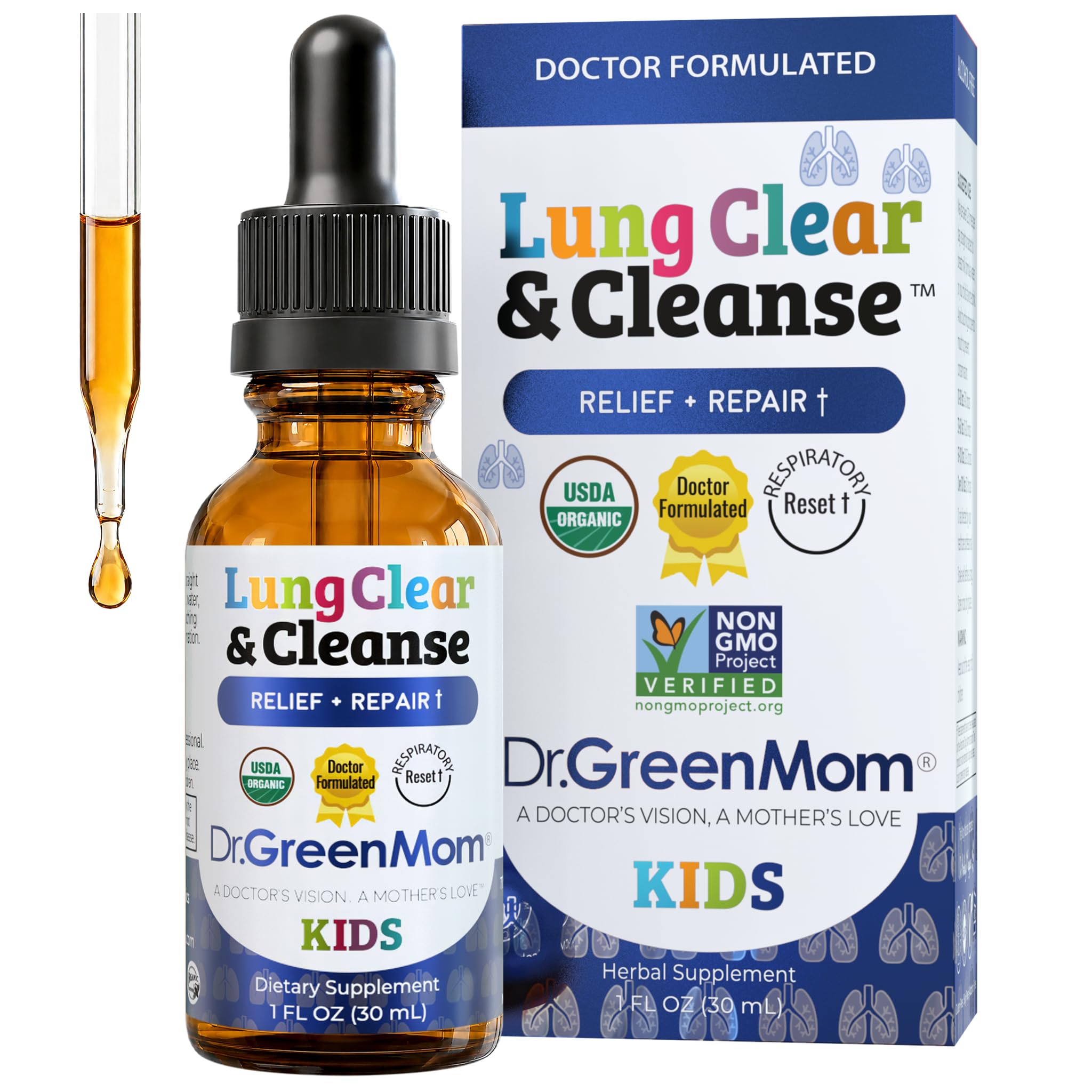 Dr. Green Mom frasco frontal mostrando presentación clara y confianza