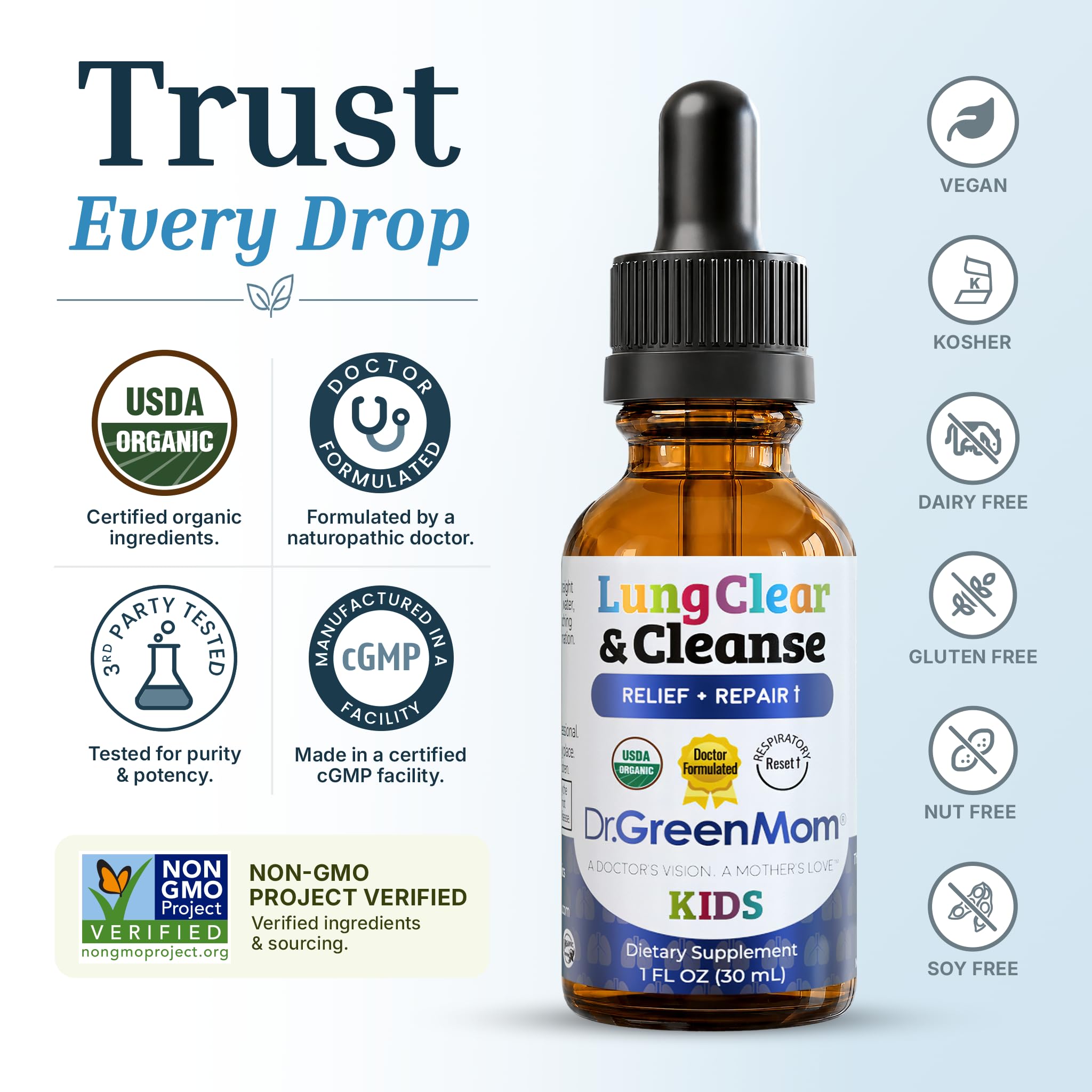 Dr. Green Mom gotas mezcladas en vaso, fácil integración en bebidas