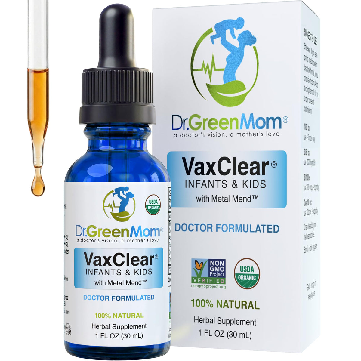Dr. Green Mom frasco delantero mostrando etiqueta y beneficios para niños
