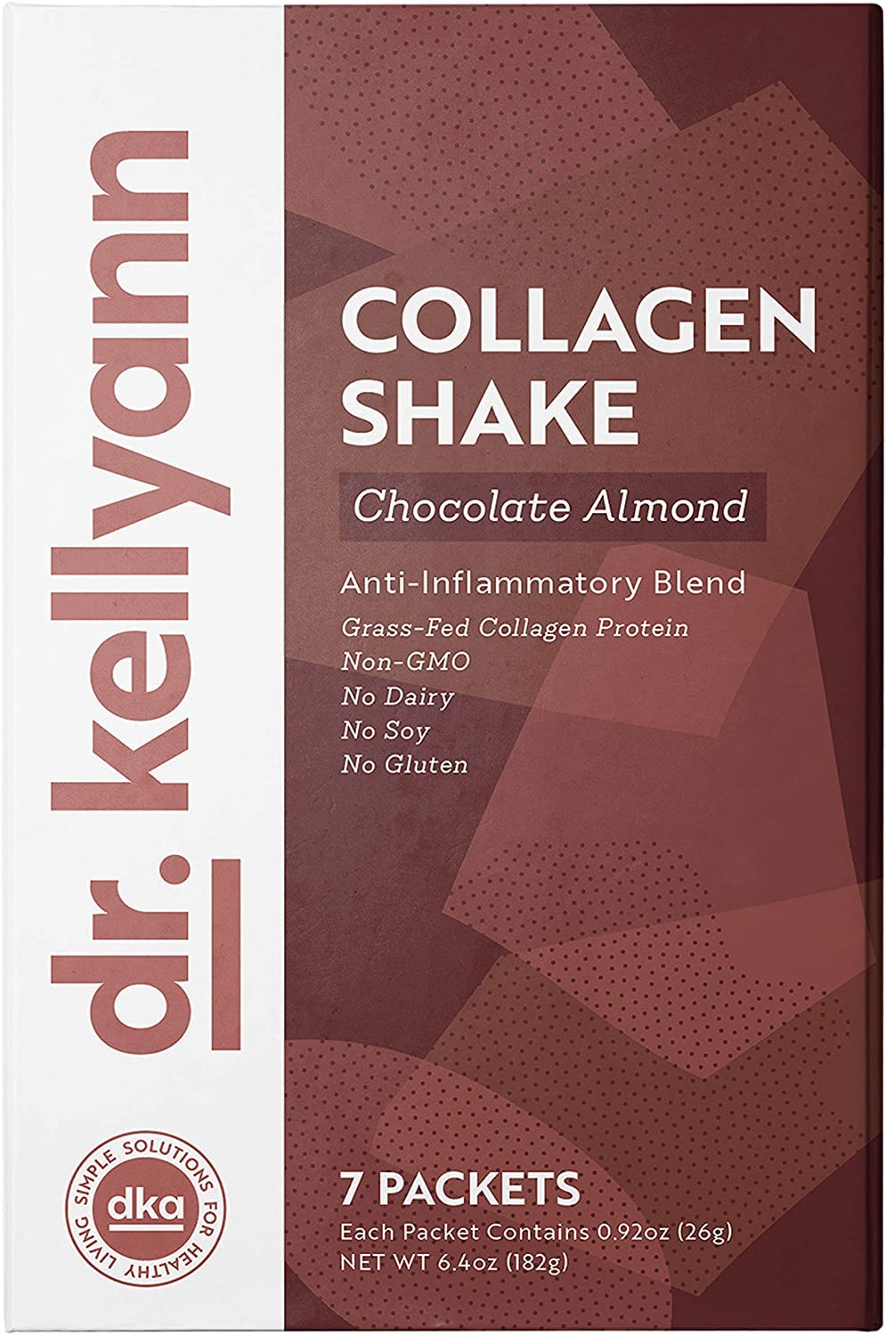 Dr. Kellyann envase frontal del batido de chocolate almendra mostrando información clave