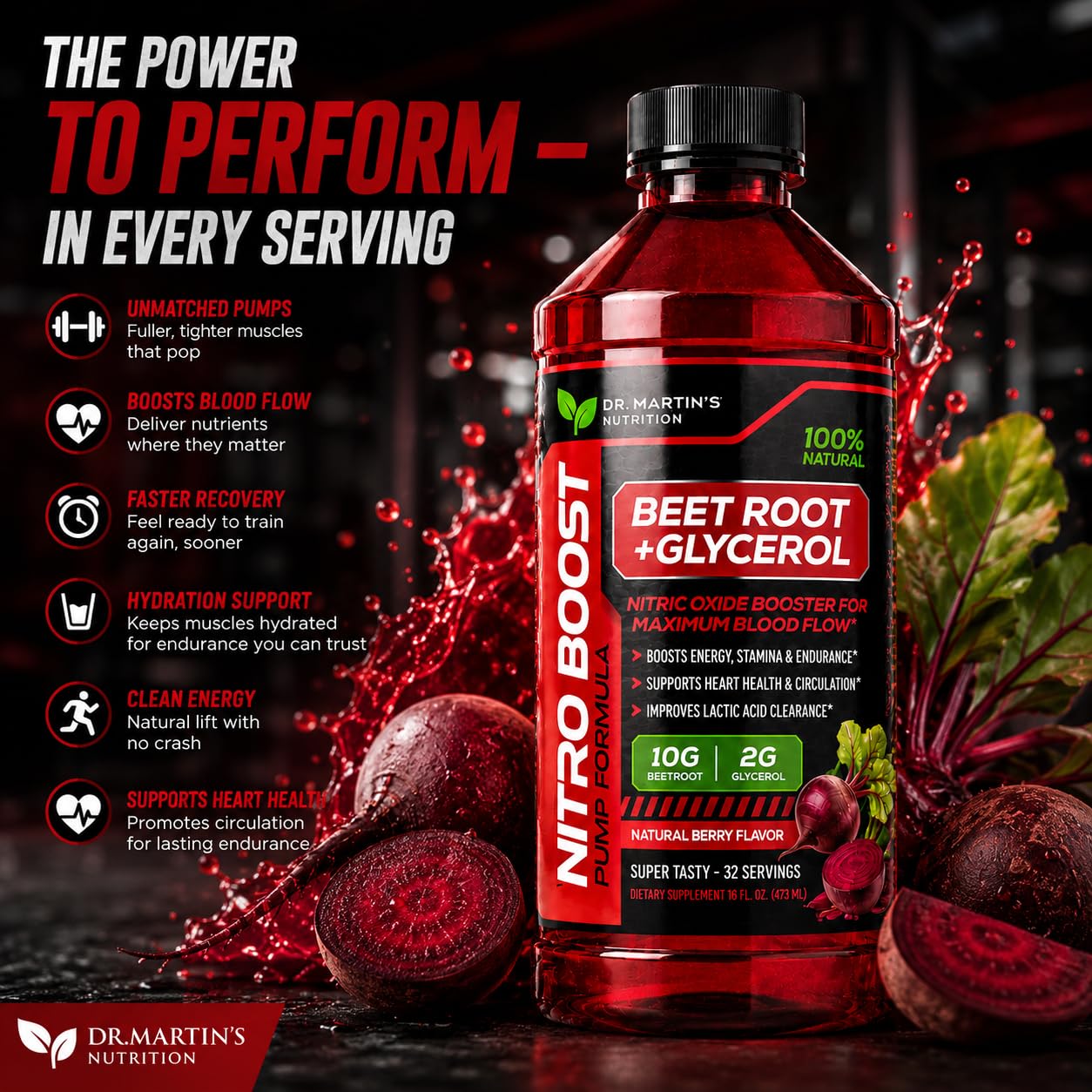 DR. MARTIN'S NUTRITION atleta en gimnasio tomando NitroBeet antes de entrenar