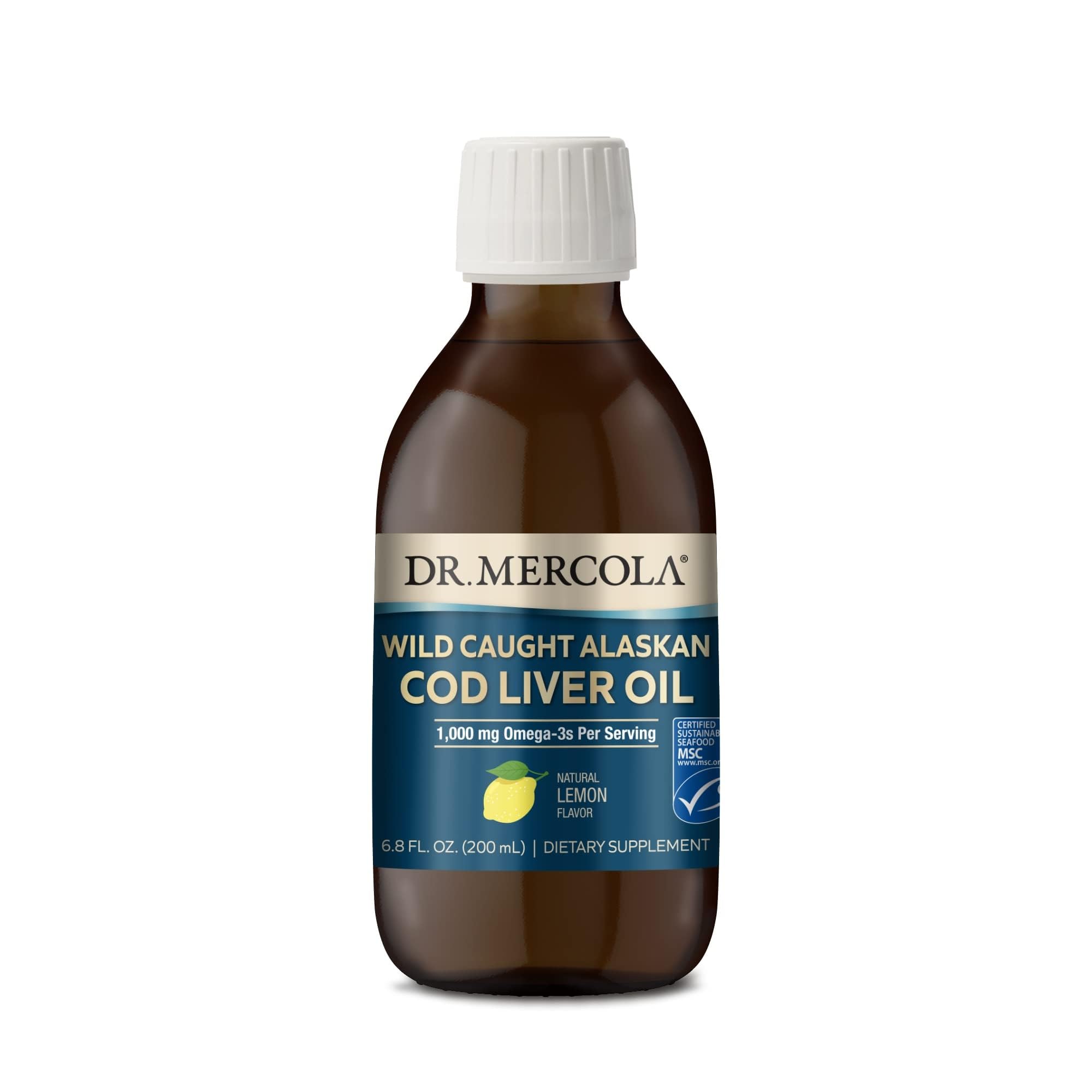 Dr. Mercola botella frontal del aceite de hígado de bacalao con etiqueta clara y formato de 200 ml