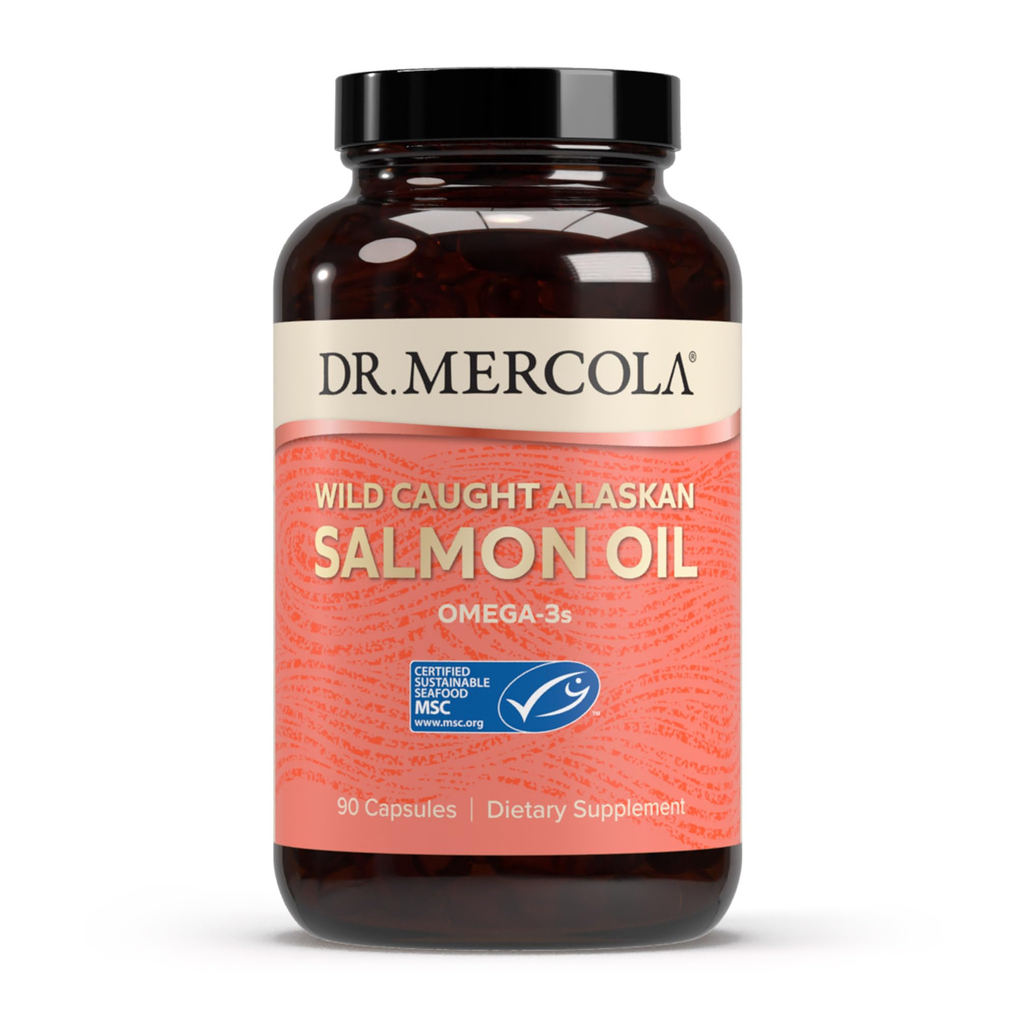 Dr. Mercola envase frontal del aceite de salmón, información clara y beneficio de trazabilidad