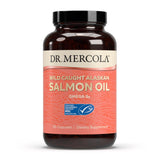 Dr. Mercola envase frontal del aceite de salmón, información clara y beneficio de trazabilidad