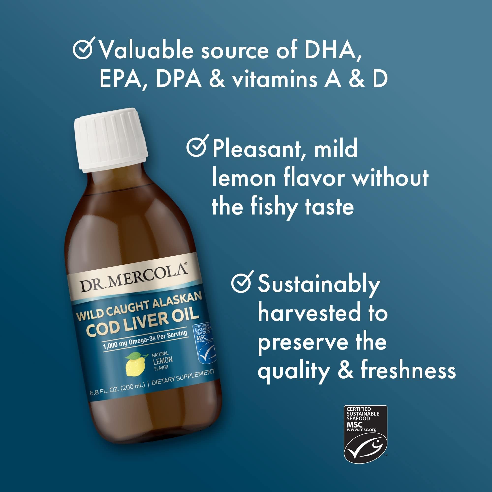 Cucharilla con una toma de aceite de hígado de bacalao Dr. Mercola lista para consumir de forma práctica