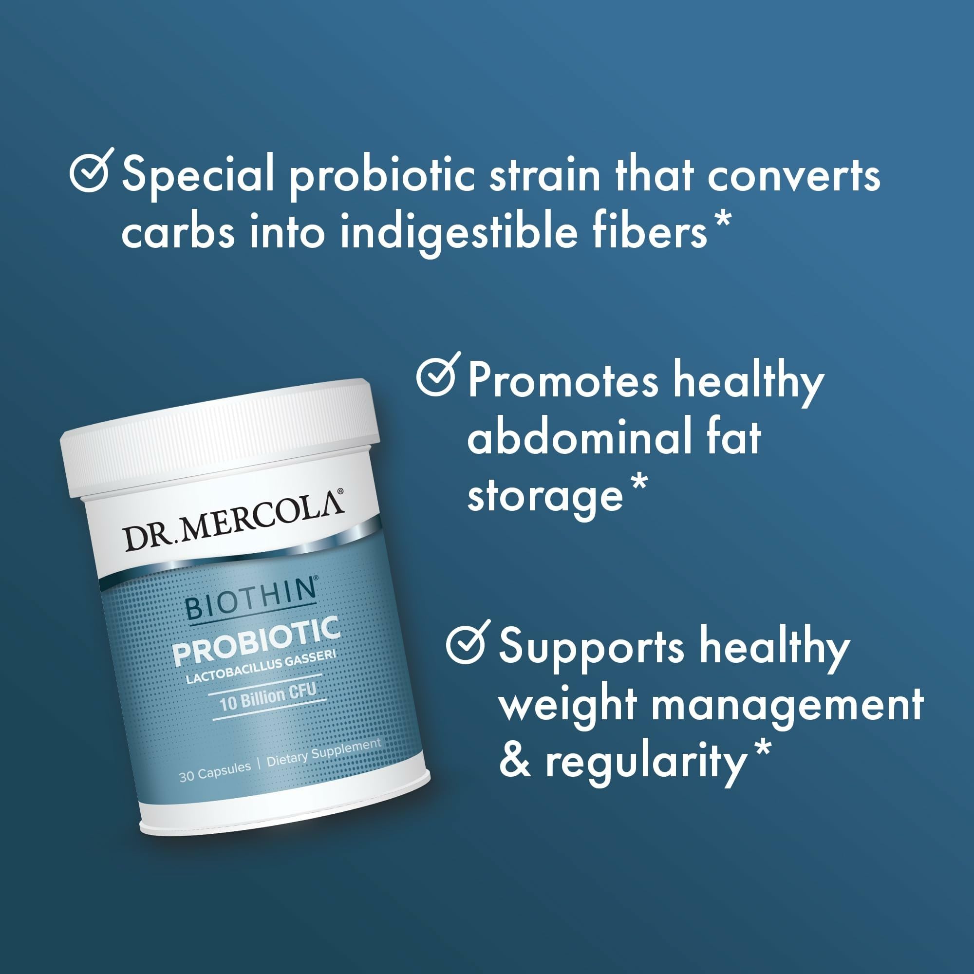 Dr. Mercola Biothin Probiotic en cocina junto a alimentos saludables, apoyo al metabolismo