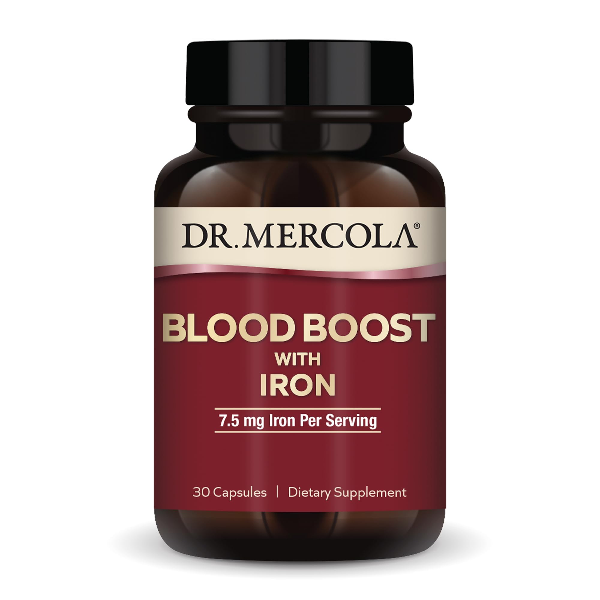 Dr. Mercola botella frente del producto que muestra etiqueta clara y beneficios esenciales