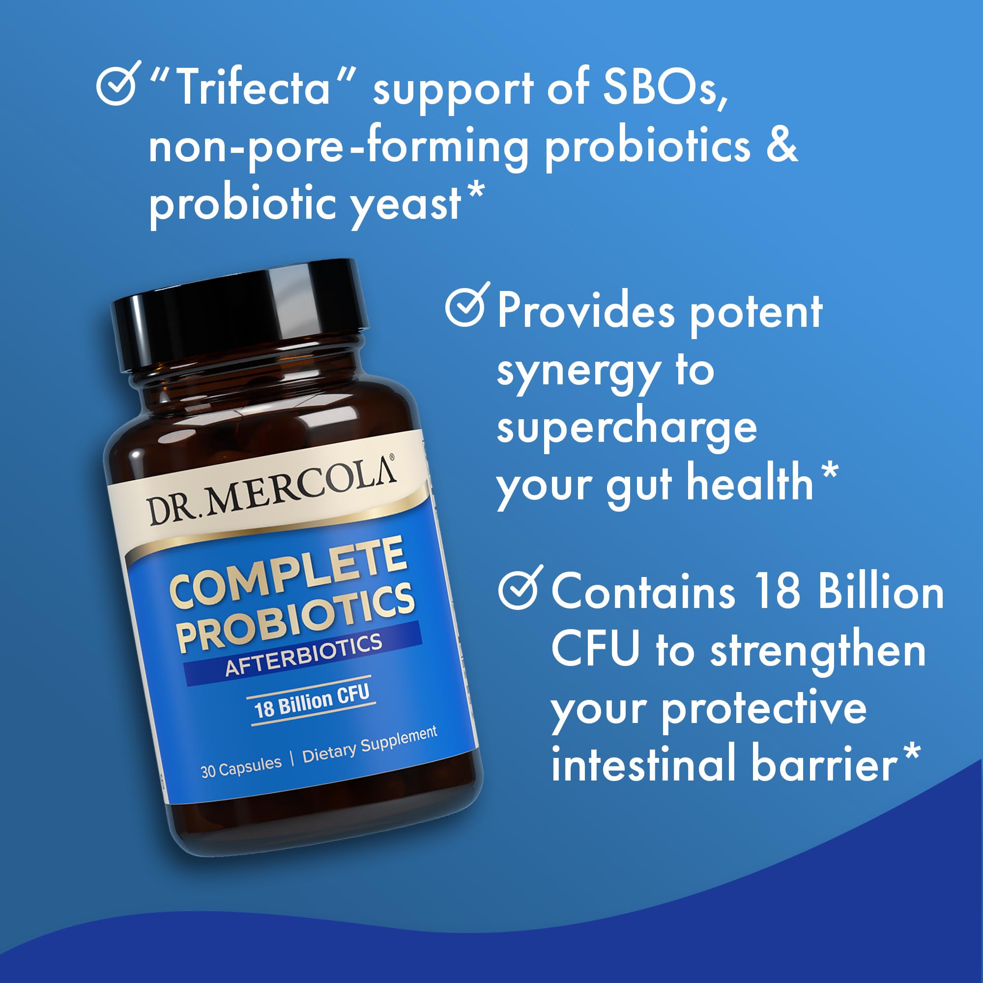Dr. Mercola cápsula abierta mostrando polvo interior y potencia microbiana