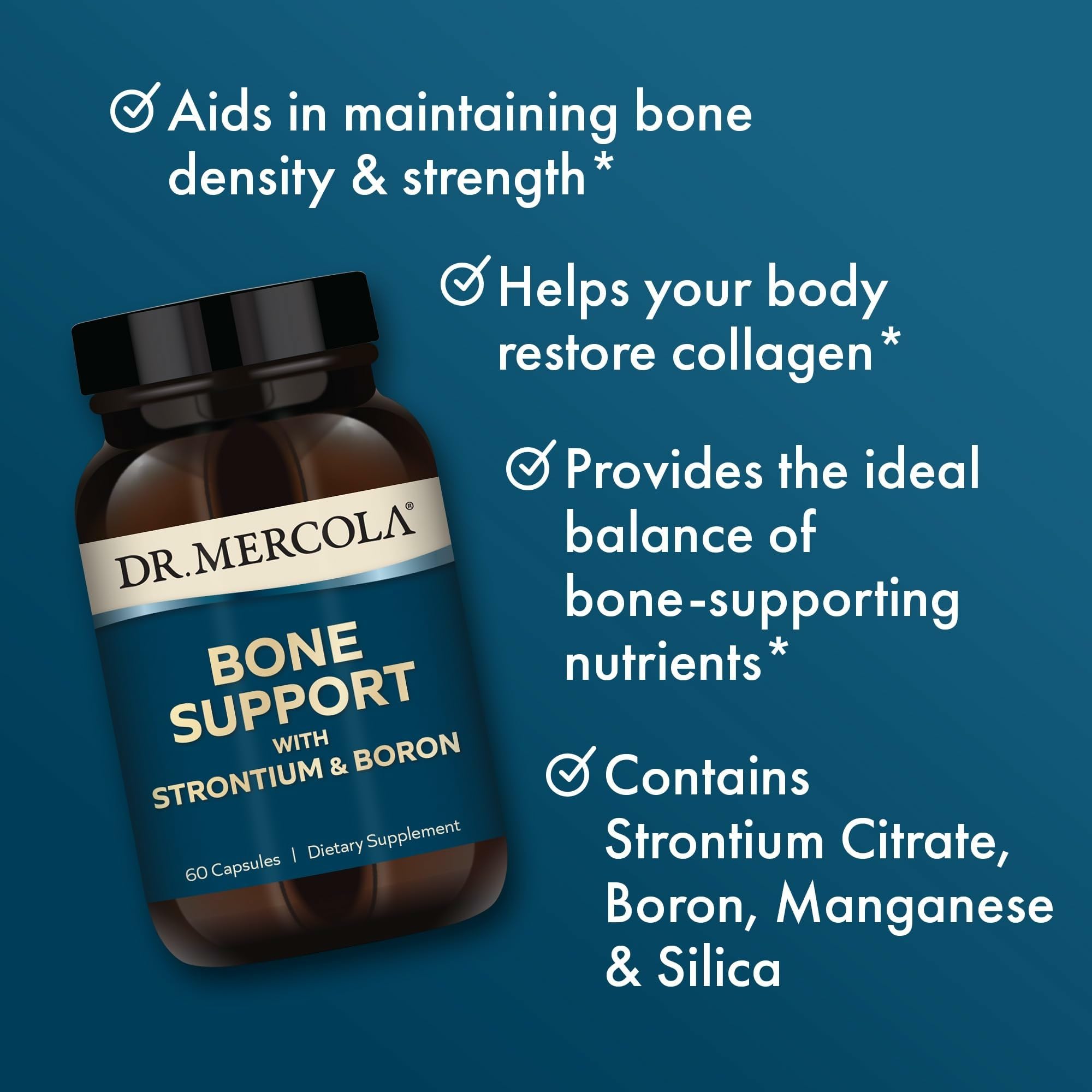 Dr. Mercola cápsula en mano ilustrando dosificación diaria y conveniencia