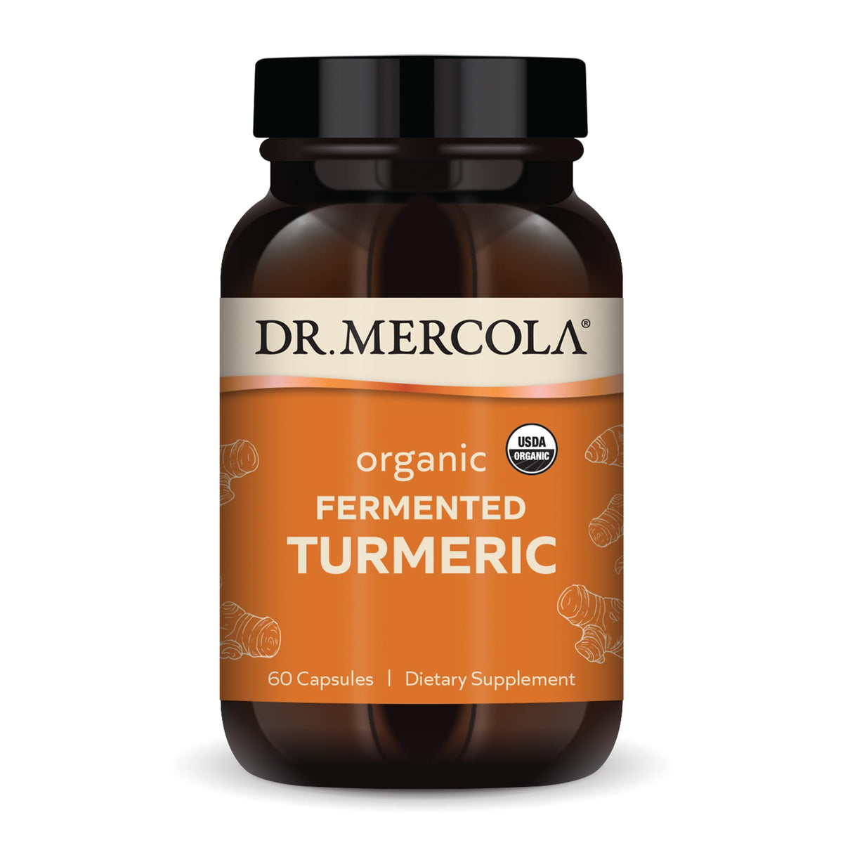 Dr. Mercola frasco frontal mostrando cápsulas y certificaciones orgánicas para confianza