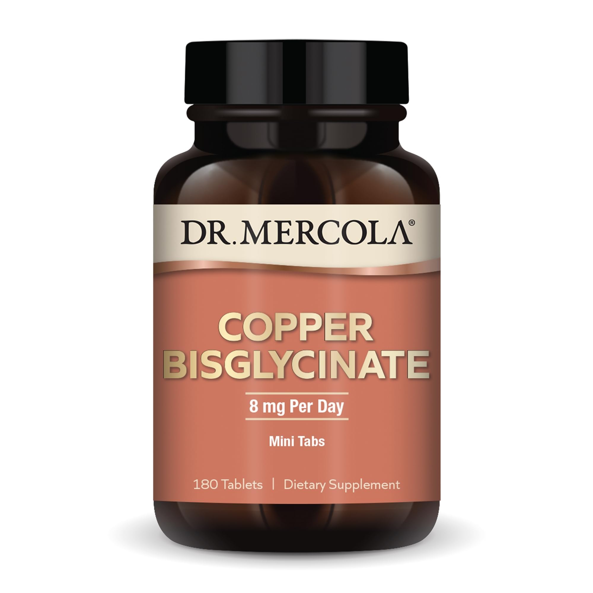 Dr. Mercola frasco frontal del cobre bisglicinato mostrando envase y duración