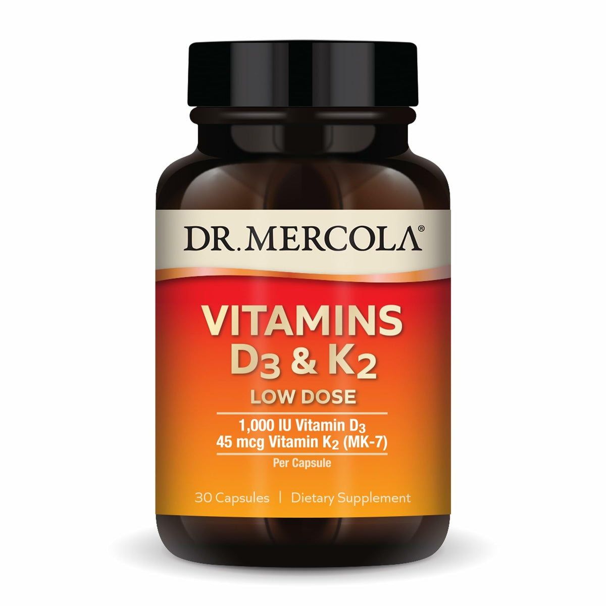 Dr. Mercola botella frontal con D3 y K2 mantenimiento, envase claro y profesional