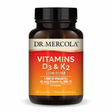 Dr. Mercola botella frontal con D3 y K2 mantenimiento, envase claro y profesional