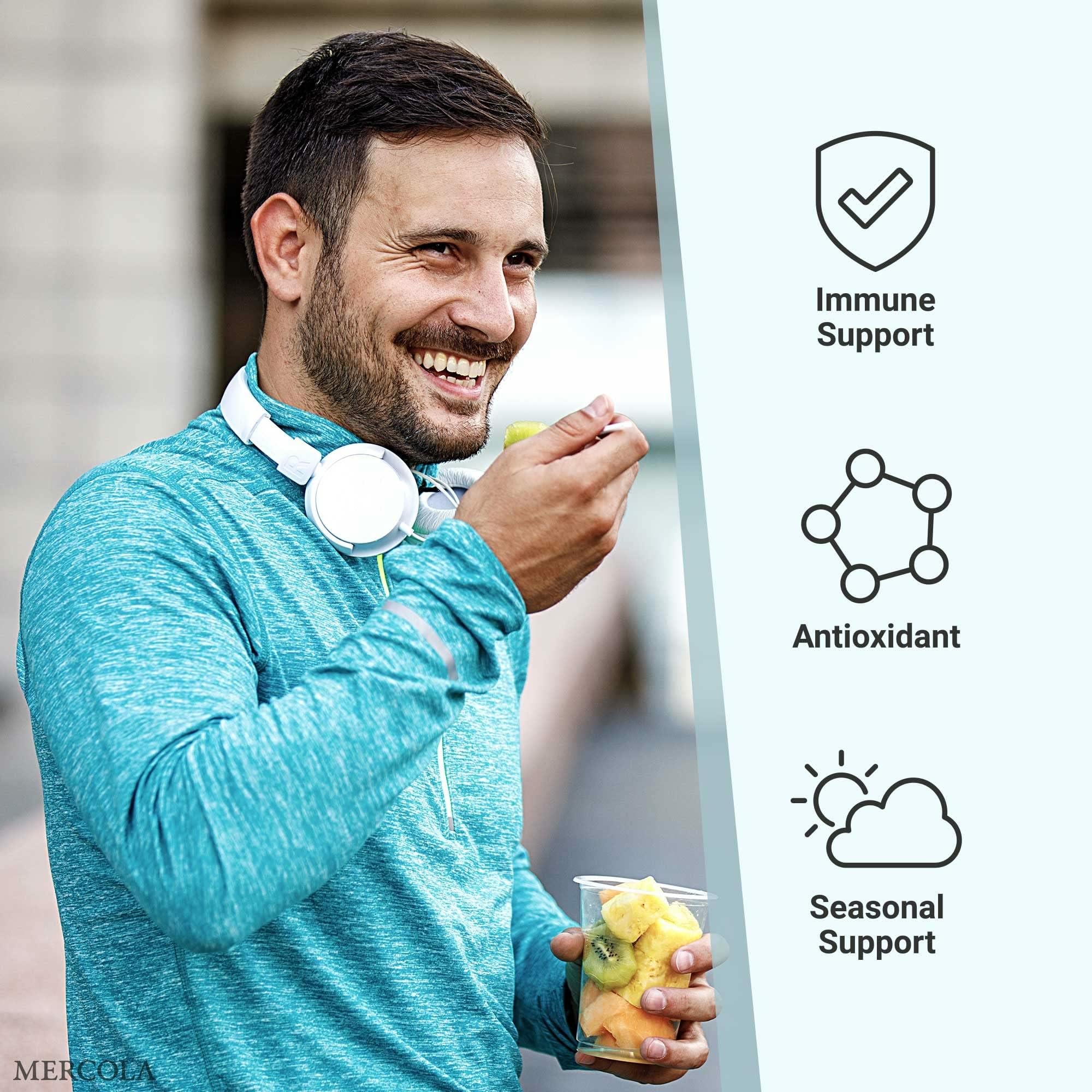 Dr. Mercola etiqueta y lista de ingredientes destacando quercetina, vitamina C y beneficio sin gluten