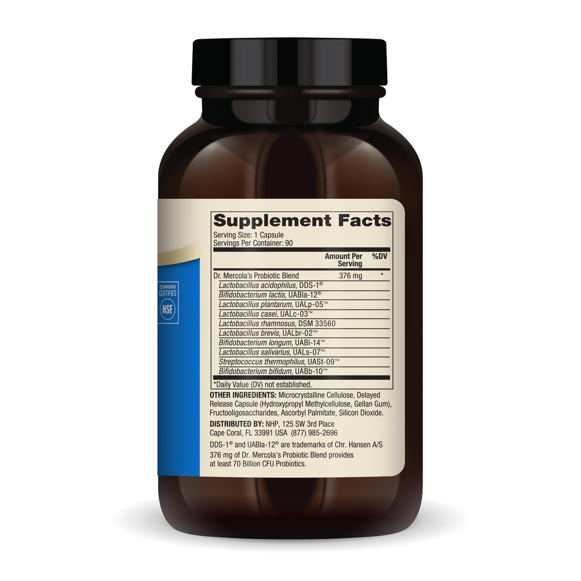 Dr. Mercola etiqueta detalle con lista de cepas y ventaja de 70 mil millones UFC