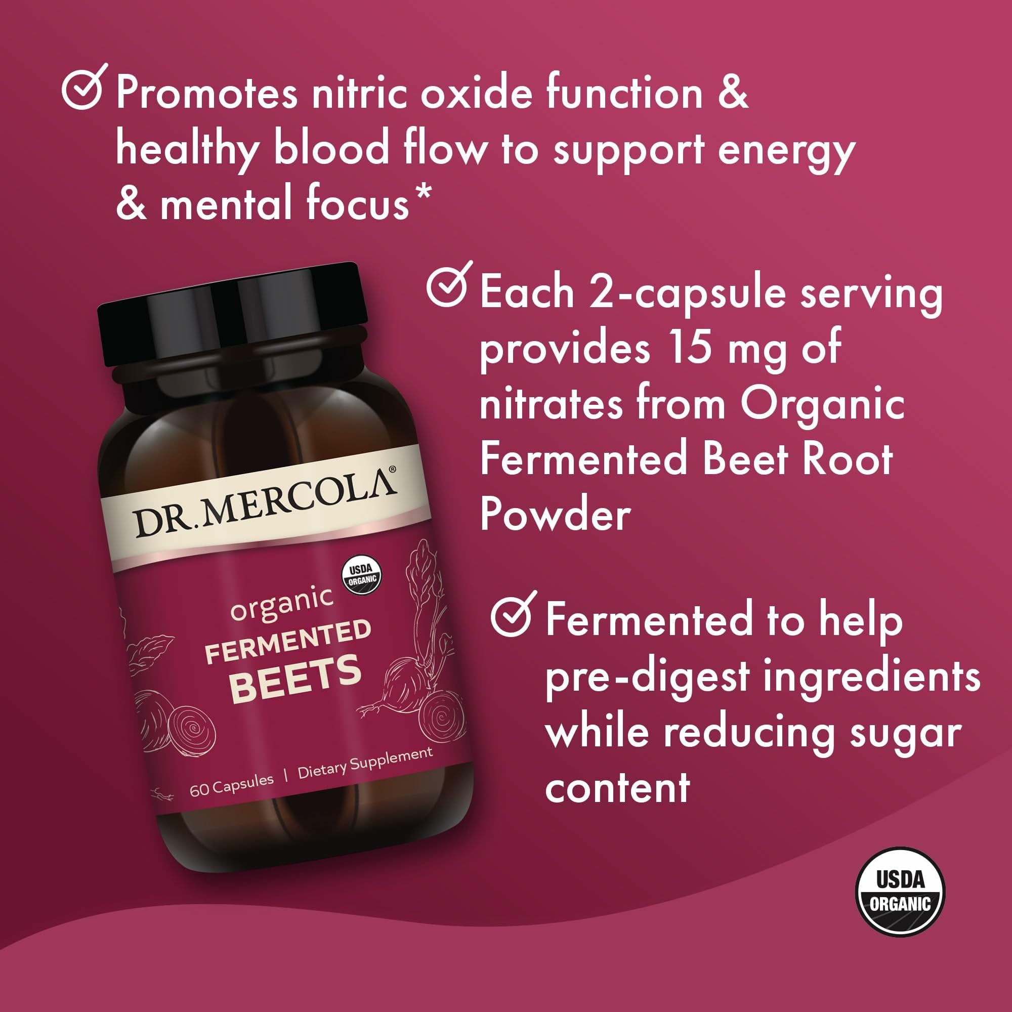 Dr. Mercola etiqueta informativa con ingredientes y certificados orgánicos