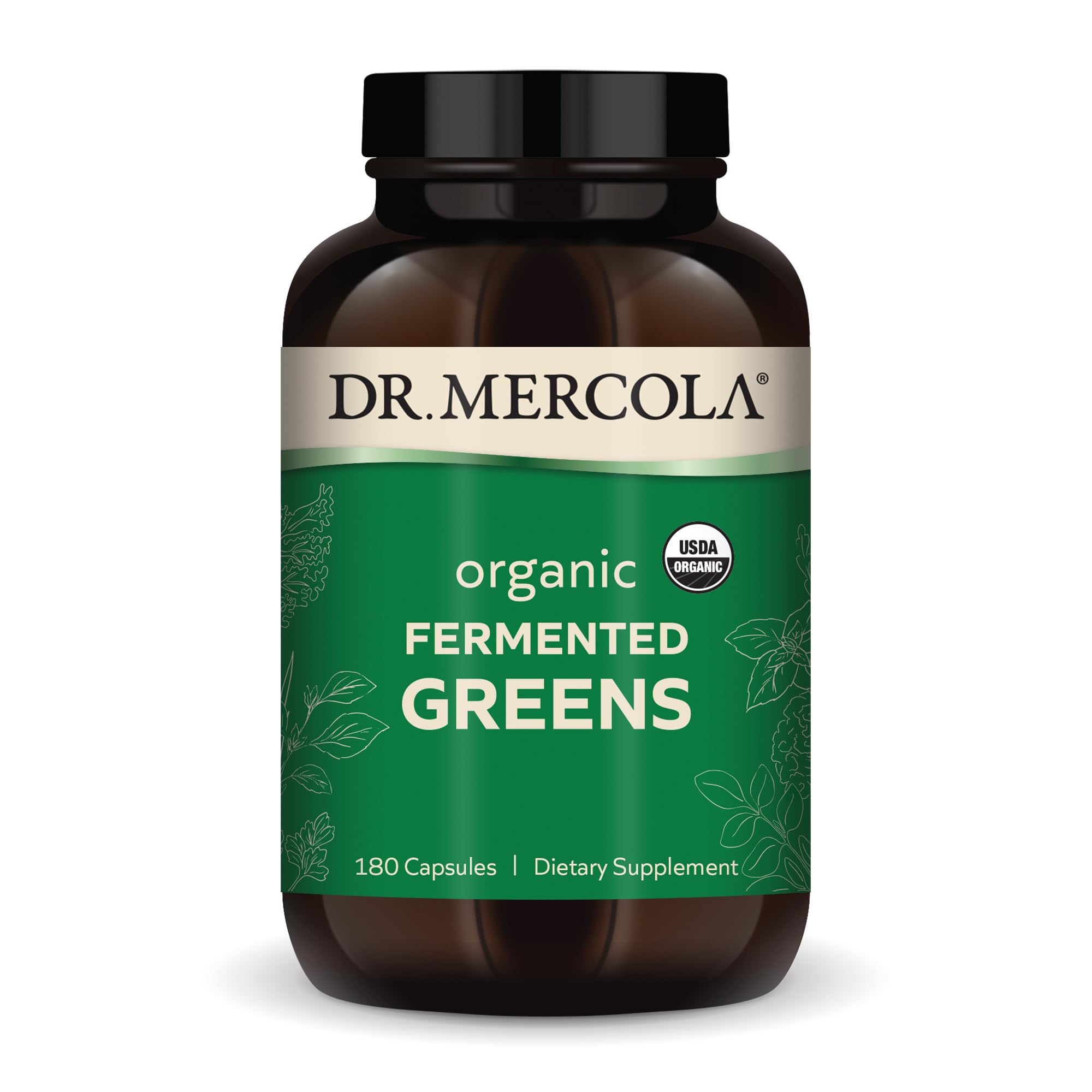 Dr. Mercola bote frontal de Fermented Greens mostrando etiqueta orgánica y conveniencia diaria