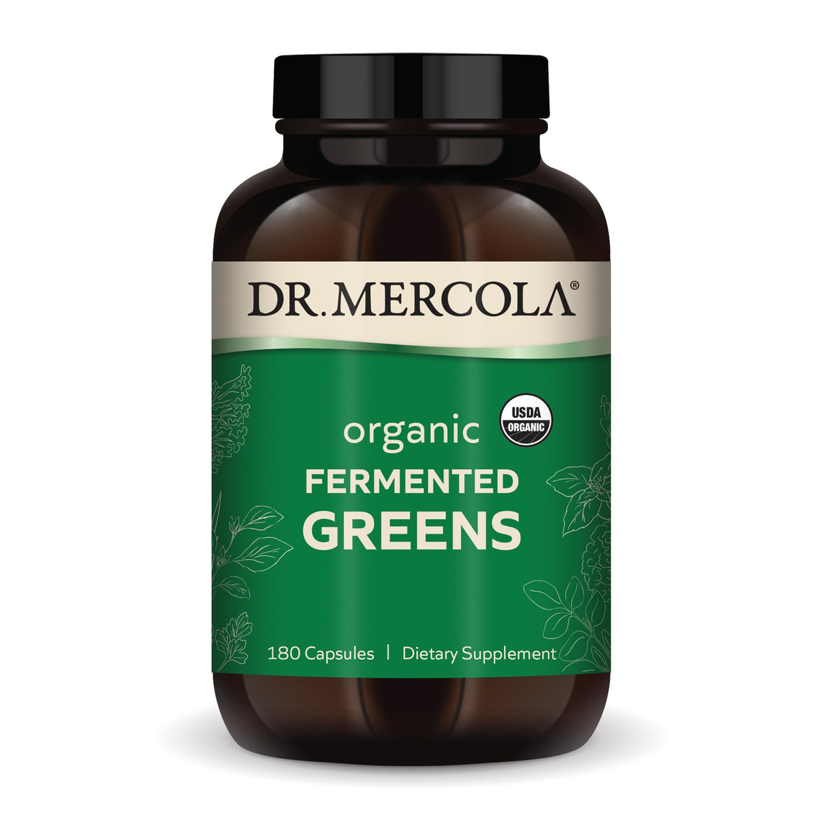 Dr. Mercola bote frontal de Fermented Greens mostrando etiqueta orgánica y conveniencia diaria