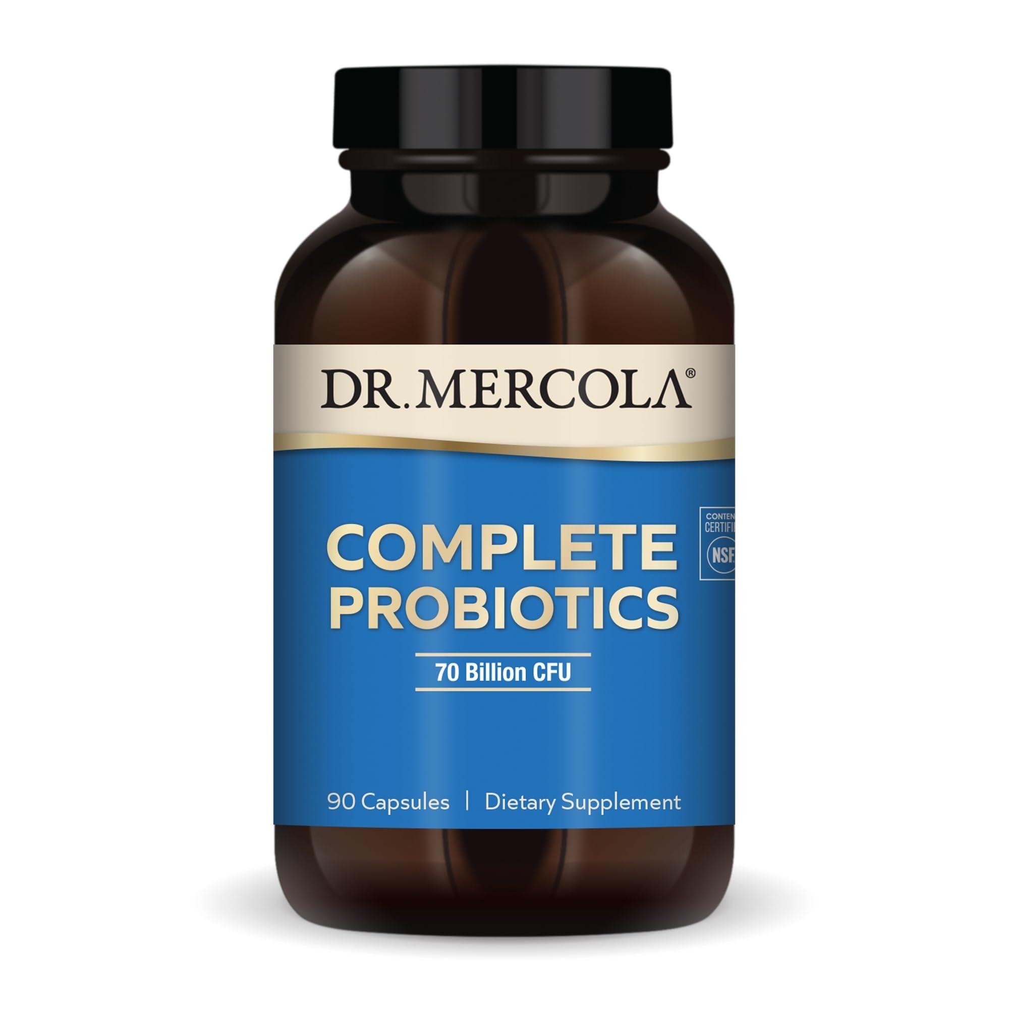 Dr. Mercola frasco frontal mostrando la etiqueta clara y beneficio de apoyo digestivo