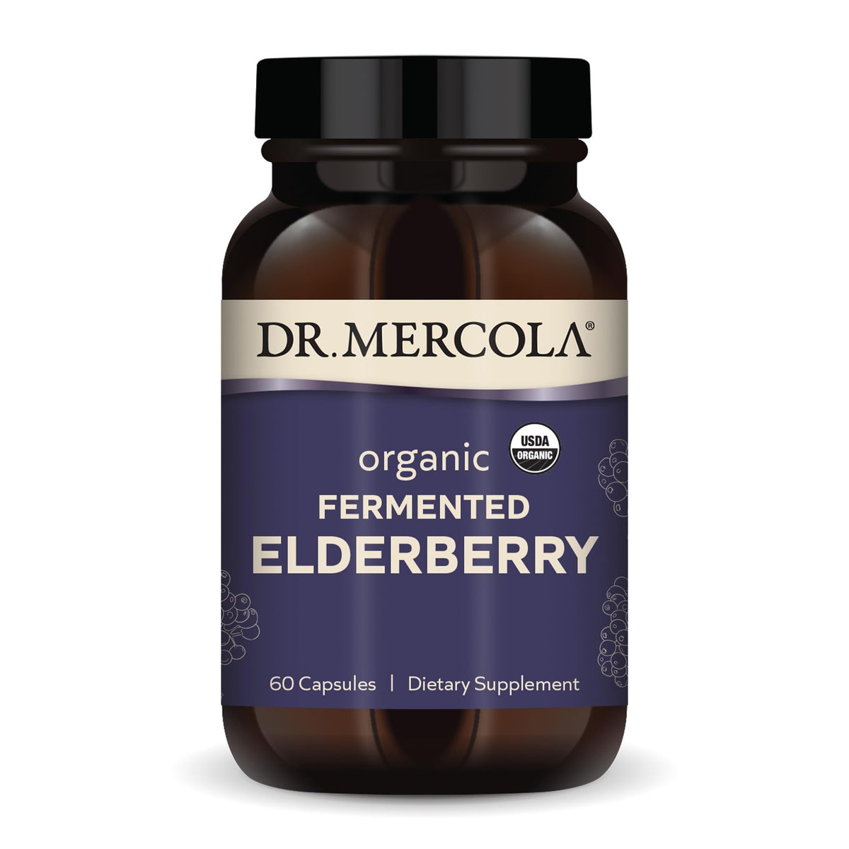 Dr. Mercola frasco frontal mostrando cápsulas y beneficio de complemento vegetal