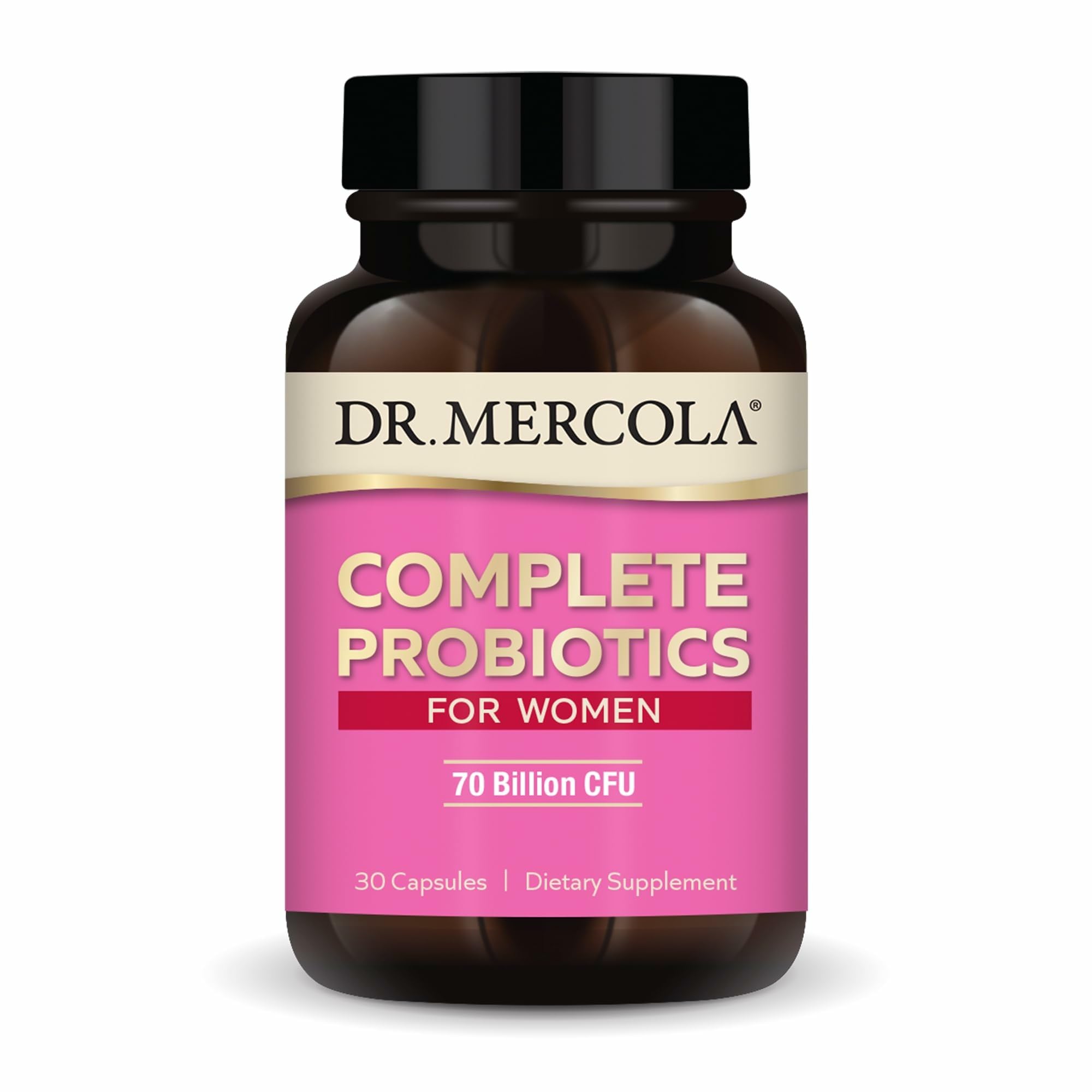 Dr. Mercola frasco frontal mostrando etiqueta y beneficios visibles