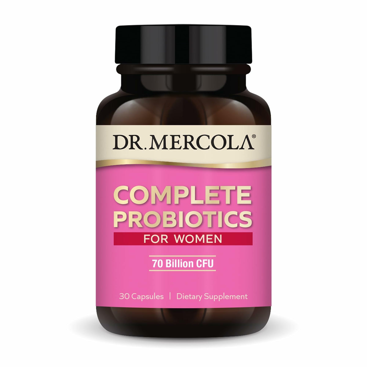 Dr. Mercola frasco frontal mostrando etiqueta y beneficios visibles