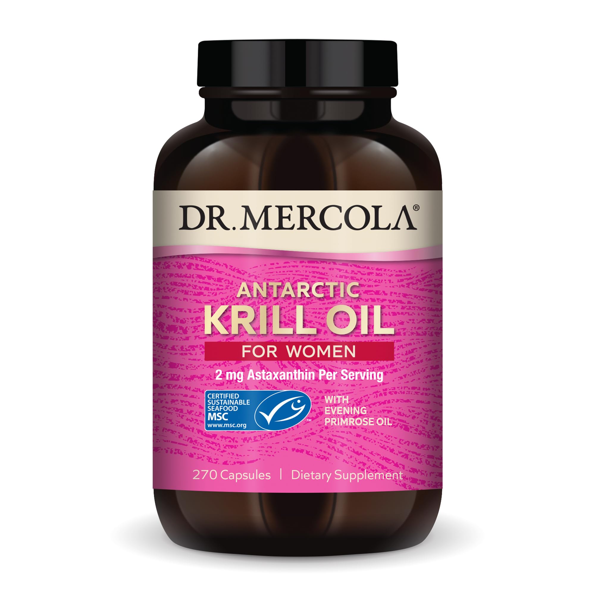 Dr. Mercola frente del envase que muestra sello MSC y beneficios