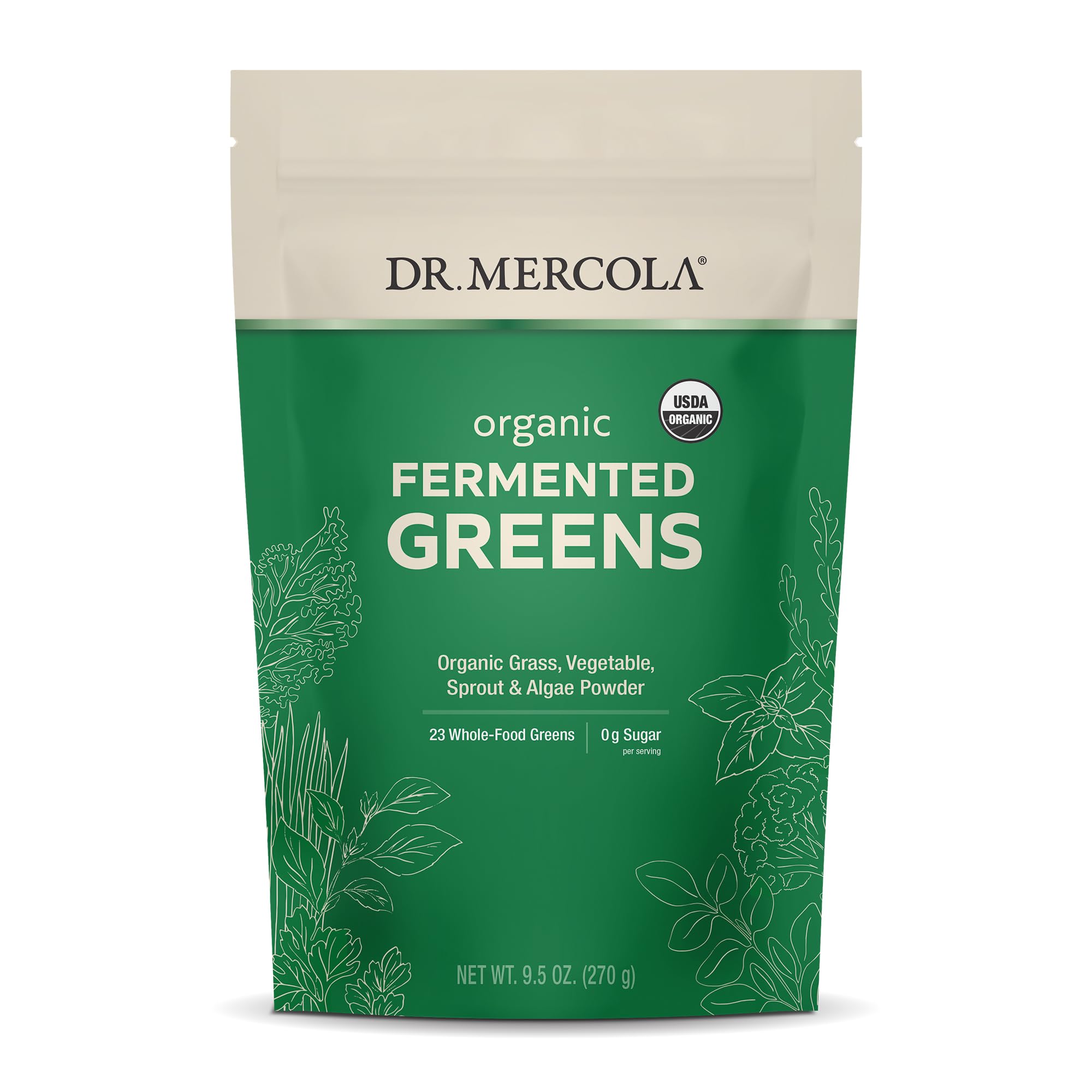 Dr. Mercola frente del envase mostrando presentación y beneficios orgánicos