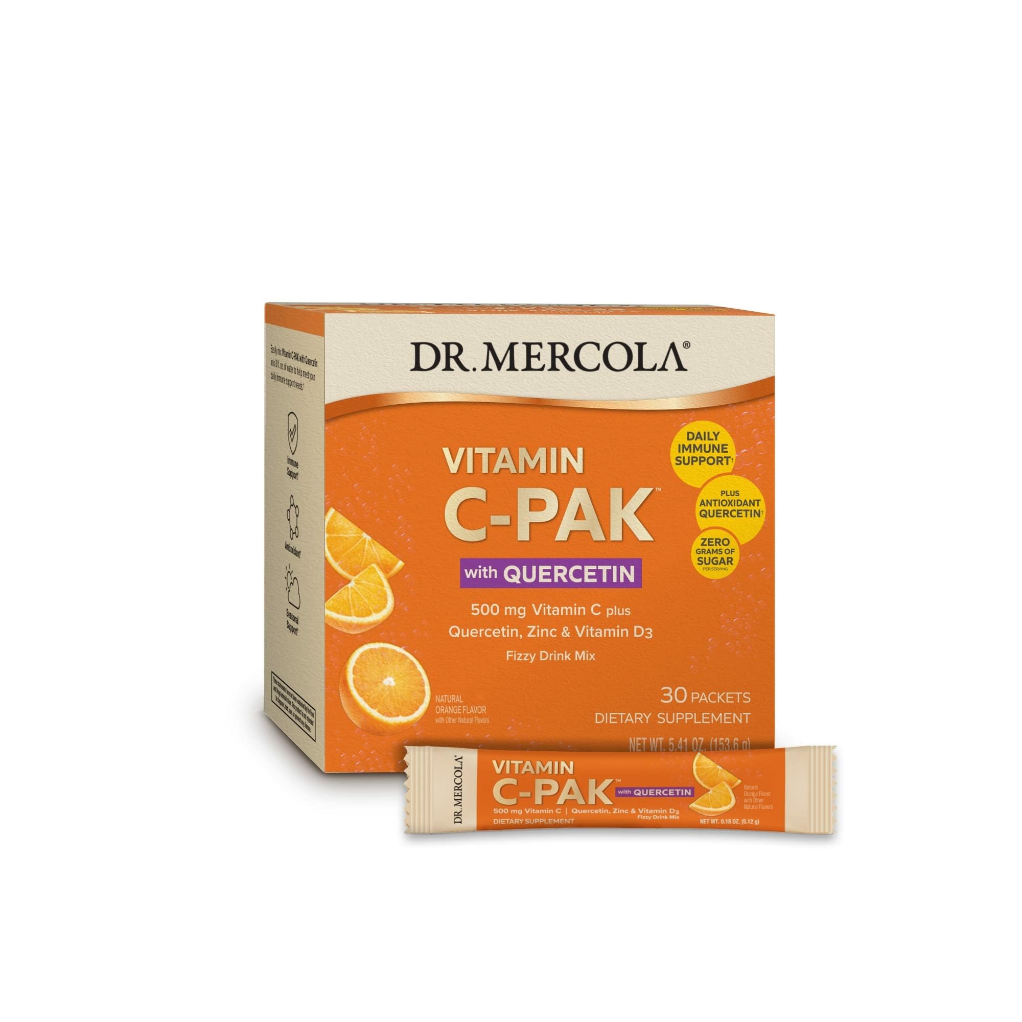 Dr. Mercola frente del paquete mostrando 30 sobres y beneficio de conveniencia diaria