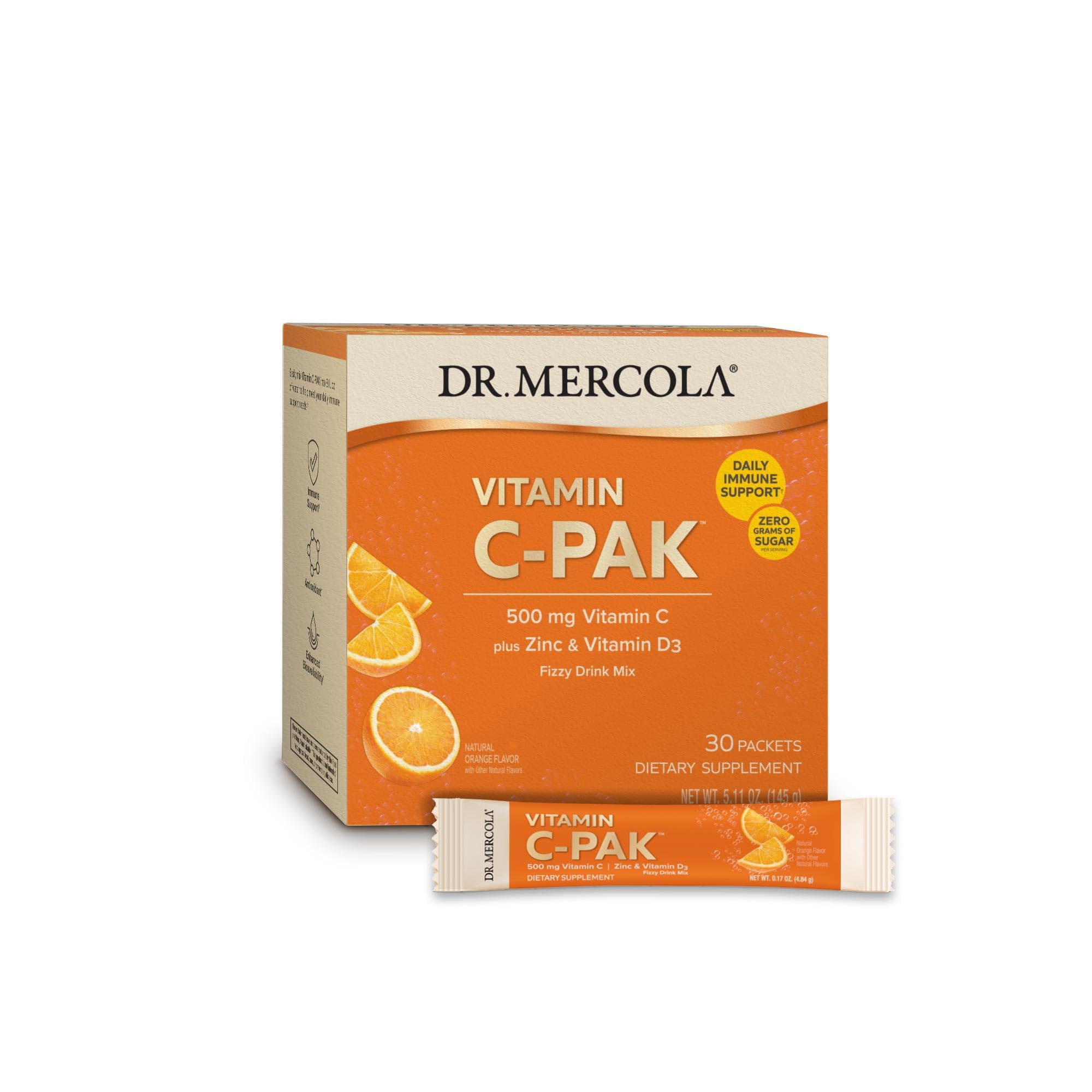 Dr. Mercola envase frontal de sobres efervescentes con información clara y conveniencia