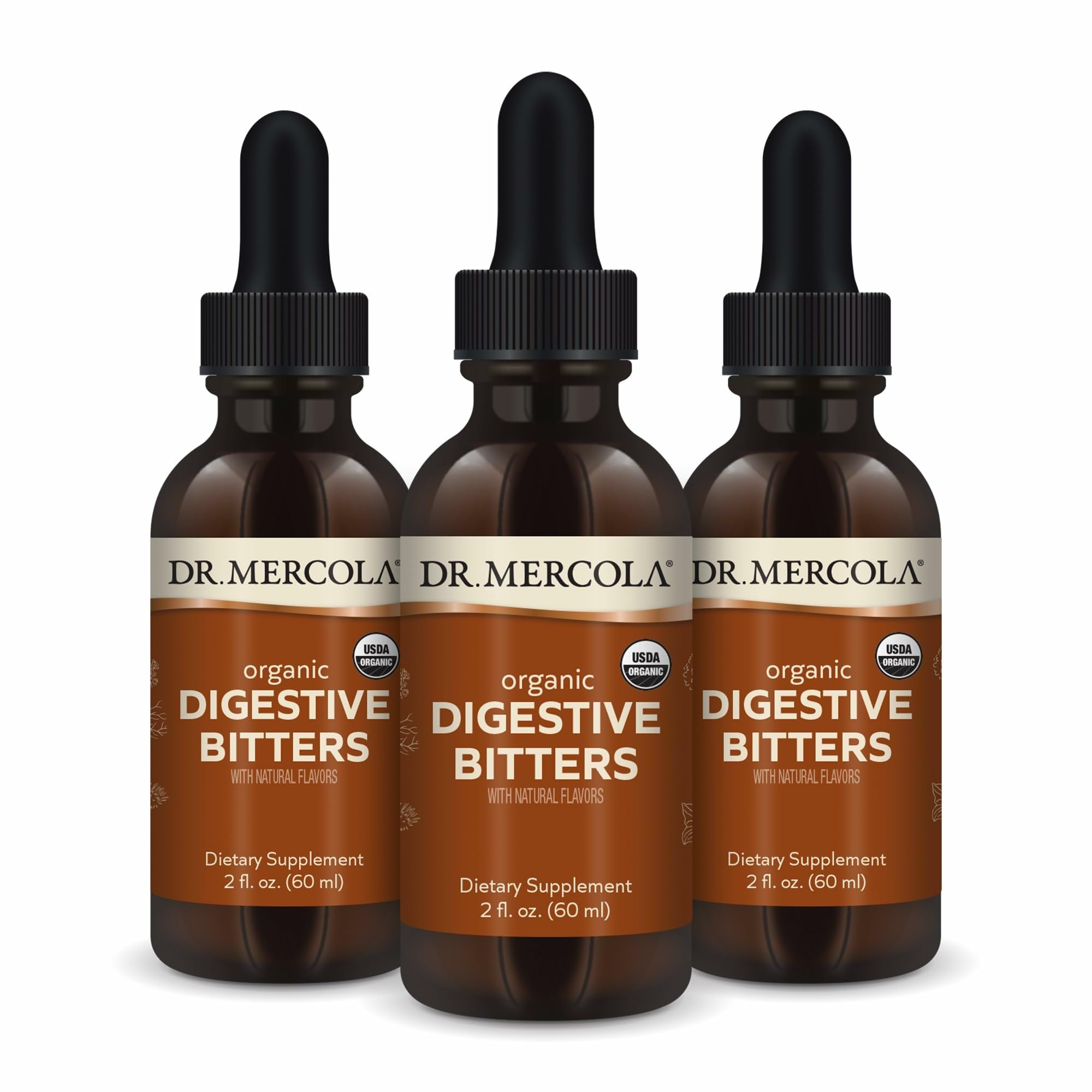 Dr. Mercola frasco frontal de Digestive Bitters mostrando etiqueta y tamaño práctico